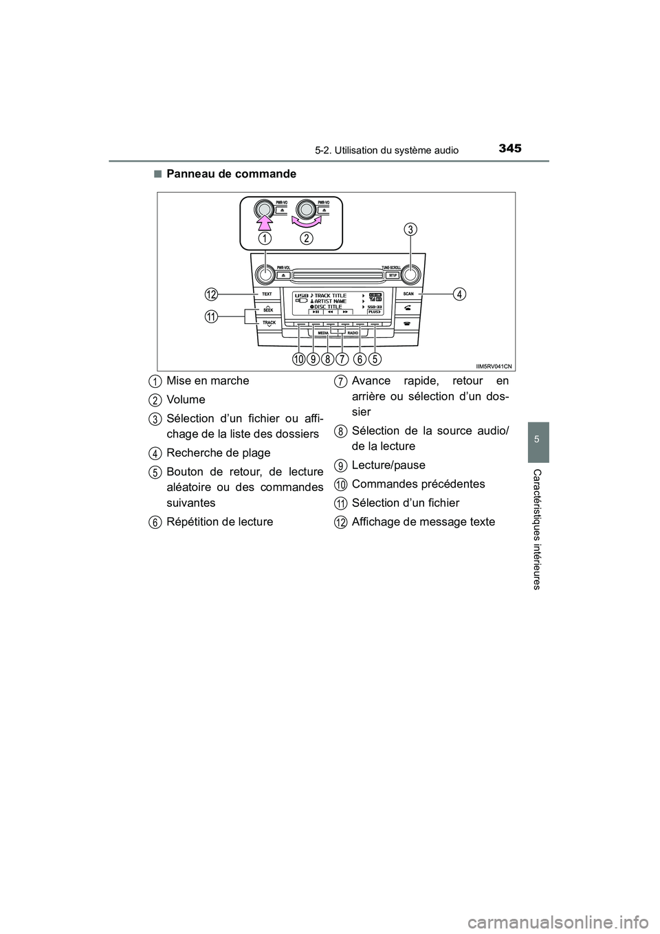 TOYOTA RAV4 2013 Manuel du propriétaire (in French) RAV4_OM_OM42809D_(D)
3455-2. Utilisation du système audio
5
Caractéristiques intérieures
■Panneau de commande
Mise en marche
Vol um e
Sélection d’un fichier ou affi-
chage de la liste des doss TOYOTA RAV4 2013 Manuel du propriétaire (in French) RAV4_OM_OM42809D_(D)
3455-2. Utilisation du système audio
5
Caractéristiques intérieures
■Panneau de commande
Mise en marche
Vol um e
Sélection d’un fichier ou affi-
chage de la liste des doss