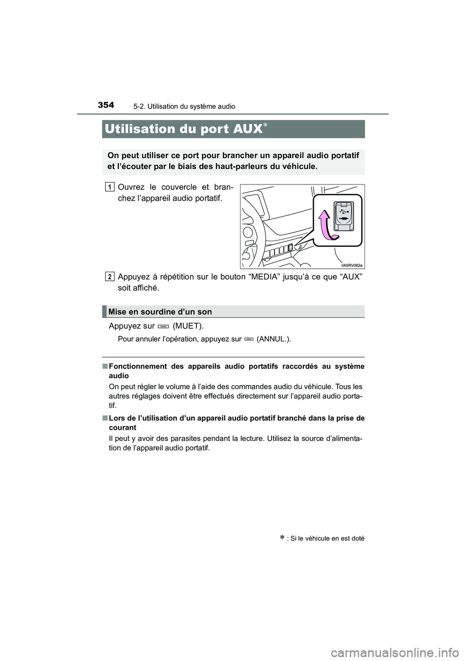 TOYOTA RAV4 2013 Manuel du propriétaire (in French) 354
RAV4_OM_OM42809D_(D)
5-2. Utilisation du système audio
Utilisation du por t AUX∗
Ouvrez le couvercle et bran-
chez l’appareil audio portatif.
Appuyez à répétition sur le bouton “MEDIA” TOYOTA RAV4 2013 Manuel du propriétaire (in French) 354
RAV4_OM_OM42809D_(D)
5-2. Utilisation du système audio
Utilisation du por t AUX∗
Ouvrez le couvercle et bran-
chez l’appareil audio portatif.
Appuyez à répétition sur le bouton “MEDIA”