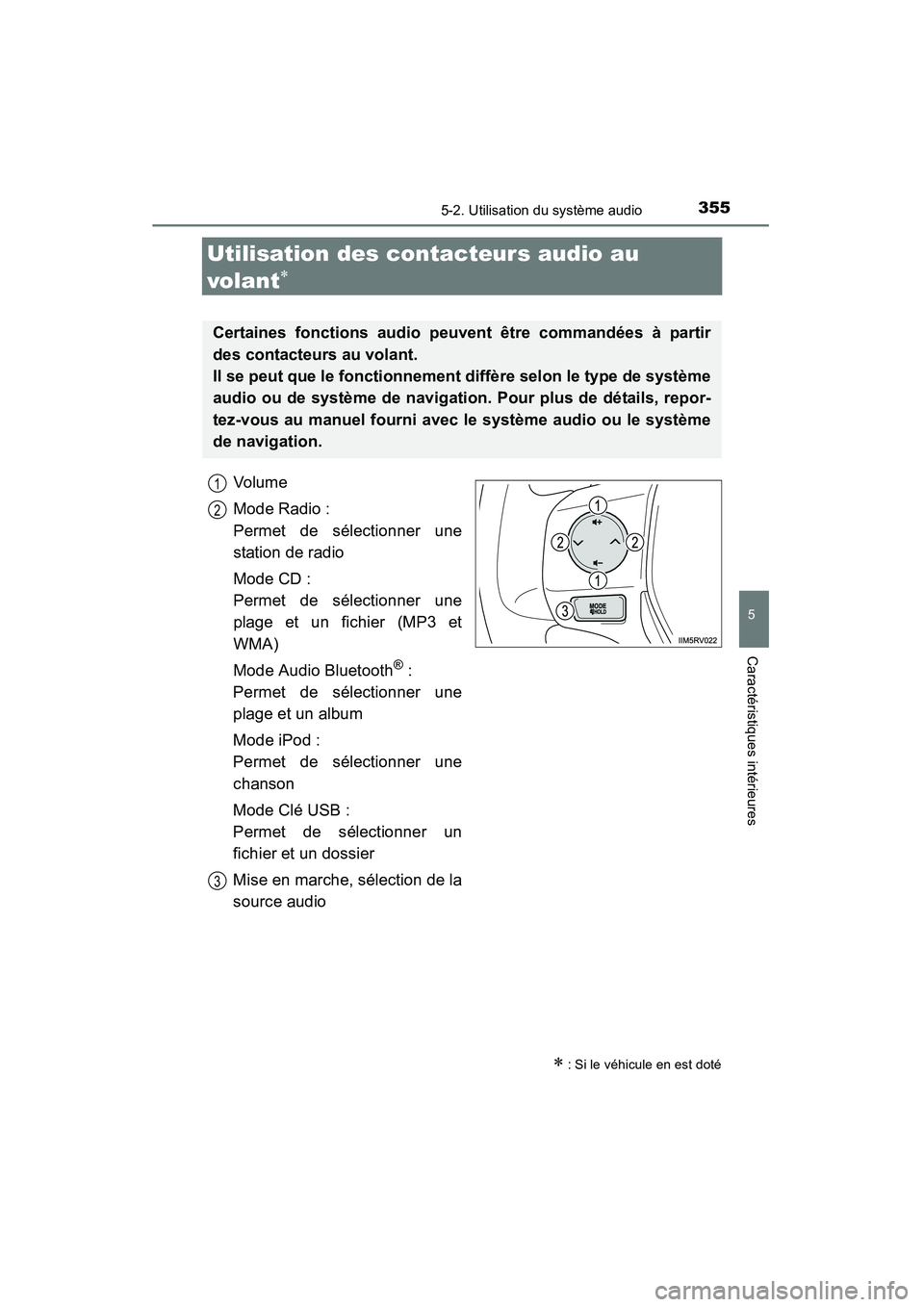 TOYOTA RAV4 2013 Manuel du propriétaire (in French) 355
RAV4_OM_OM42809D_(D)
5-2. Utilisation du système audio
5
Caractéristiques intérieures
Utilisation des contacteurs audio au
volant
∗
Vol um e
Mode Radio :
Permet de sélectionner une
station TOYOTA RAV4 2013 Manuel du propriétaire (in French) 355
RAV4_OM_OM42809D_(D)
5-2. Utilisation du système audio
5
Caractéristiques intérieures
Utilisation des contacteurs audio au
volant
∗
Vol um e
Mode Radio :
Permet de sélectionner une
station