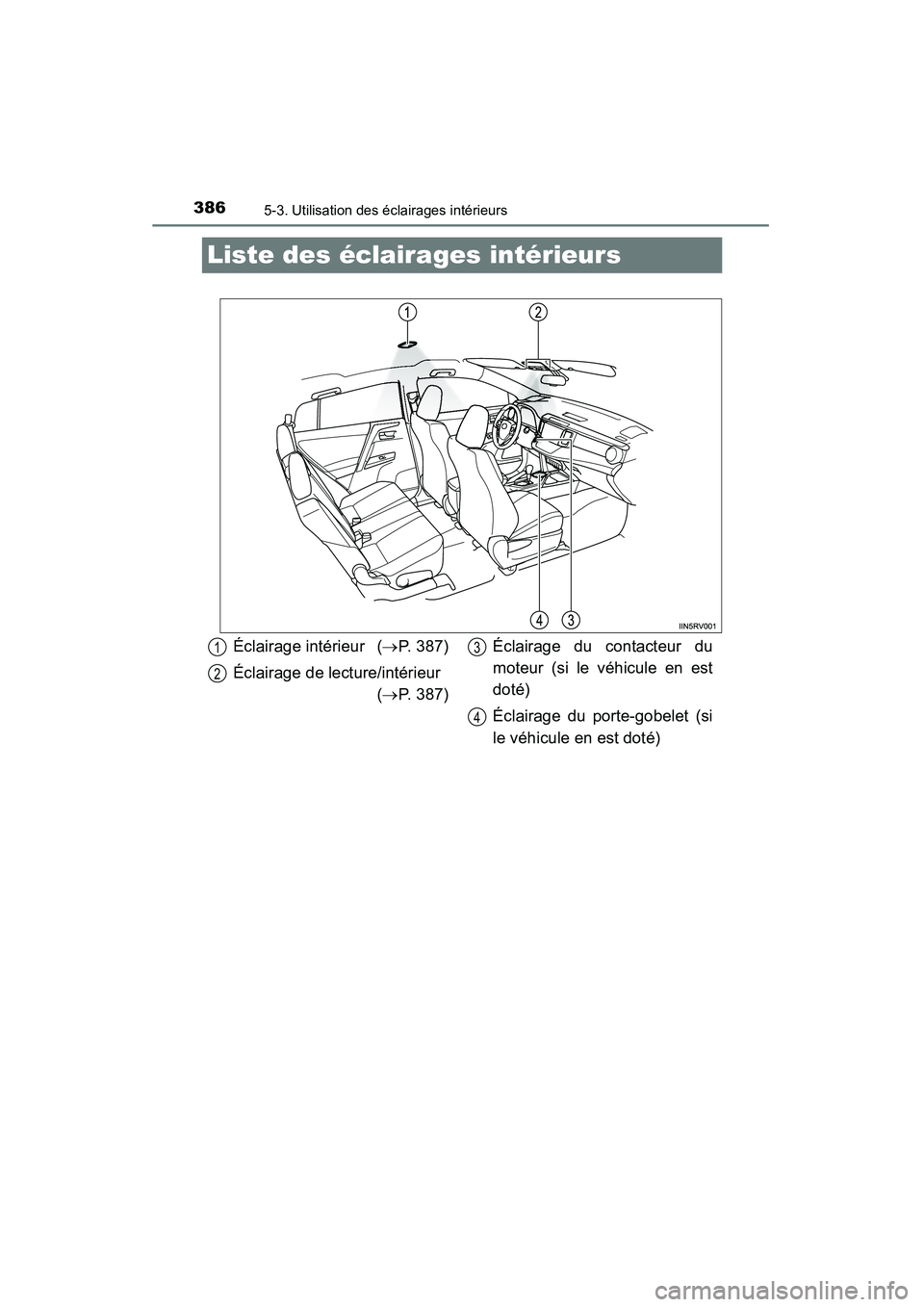 TOYOTA RAV4 2013 Manuel du propriétaire (in French) 386
RAV4_OM_OM42809D_(D)
5-3. Utilisation des éclairages intérieurs
Liste des éclairages intérieurs
Éclairage intérieur (→P. 387)
Éclairage de lecture/intérieur (→P. 387) Éclairage du c TOYOTA RAV4 2013 Manuel du propriétaire (in French) 386
RAV4_OM_OM42809D_(D)
5-3. Utilisation des éclairages intérieurs
Liste des éclairages intérieurs
Éclairage intérieur (→P. 387)
Éclairage de lecture/intérieur (→P. 387) Éclairage du c