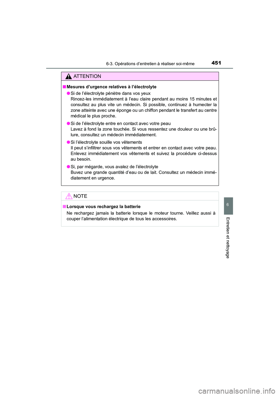 TOYOTA RAV4 2013 Manuel du propriétaire (in French) RAV4_OM_OM42809D_(D)
4516-3. Opérations d’entretien à réaliser soi-même
6
Entretien et nettoyage
AT T E N T I O N
■Mesures d’urgence relatives à l’électrolyte
●Si de l’électrolyte p TOYOTA RAV4 2013 Manuel du propriétaire (in French) RAV4_OM_OM42809D_(D)
4516-3. Opérations d’entretien à réaliser soi-même
6
Entretien et nettoyage
AT T E N T I O N
■Mesures d’urgence relatives à l’électrolyte
●Si de l’électrolyte p