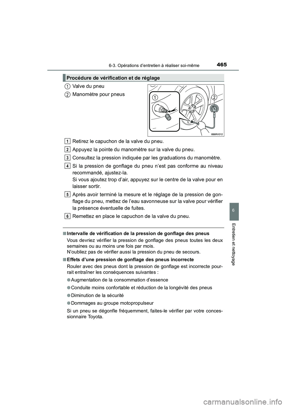 TOYOTA RAV4 2013 Manuel du propriétaire (in French) RAV4_OM_OM42809D_(D)
4656-3. Opérations d’entretien à réaliser soi-même
6
Entretien et nettoyage
Valve du pneu
Manomètre pour pneus
Retirez le capuchon de la valve du pneu.
Appuyez la pointe du TOYOTA RAV4 2013 Manuel du propriétaire (in French) RAV4_OM_OM42809D_(D)
4656-3. Opérations d’entretien à réaliser soi-même
6
Entretien et nettoyage
Valve du pneu
Manomètre pour pneus
Retirez le capuchon de la valve du pneu.
Appuyez la pointe du