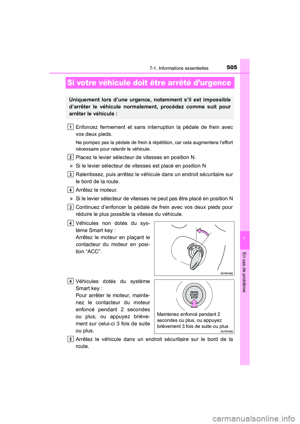 TOYOTA RAV4 2013 Manuel du propriétaire (in French) 505
RAV4_OM_OM42809D_(D)
7
En cas de problème
7-1. Informations essentielles
Si votre véhicule doit être arrêté d’urgence
Enfoncez fermement et sans interruption la pédale de frein avec
vos de TOYOTA RAV4 2013 Manuel du propriétaire (in French) 505
RAV4_OM_OM42809D_(D)
7
En cas de problème
7-1. Informations essentielles
Si votre véhicule doit être arrêté d’urgence
Enfoncez fermement et sans interruption la pédale de frein avec
vos de