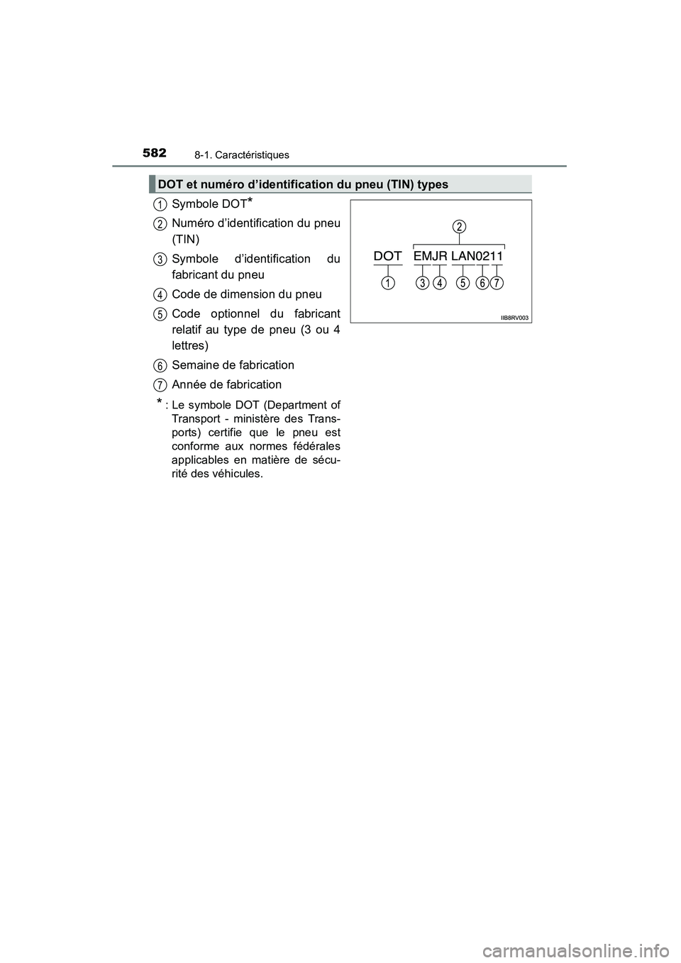 TOYOTA RAV4 2013  Manuel du propriétaire (in French) 582
RAV4_OM_OM42809D_(D)
8-1. Caractéristiques
Symbole DOT*
Numéro d’identification du pneu
(TIN)
Symbole d’identification du
fabricant du pneu
Code de dimension du pneu
Code optionnel du fabric