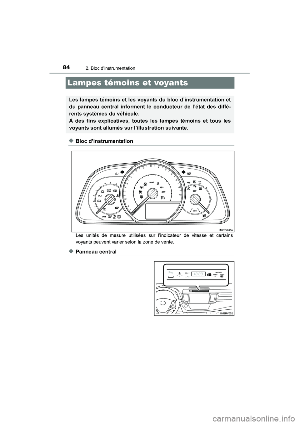 TOYOTA RAV4 2013  Manuel du propriétaire (in French) 84
RAV4_OM_OM42809D_(D)
2. Bloc d’instrumentation
Lampes témoins et voyants
◆Bloc d’instrumentation
Les unités de mesure utilisées sur l’indicateur de vitesse et certains
voyants peuvent va