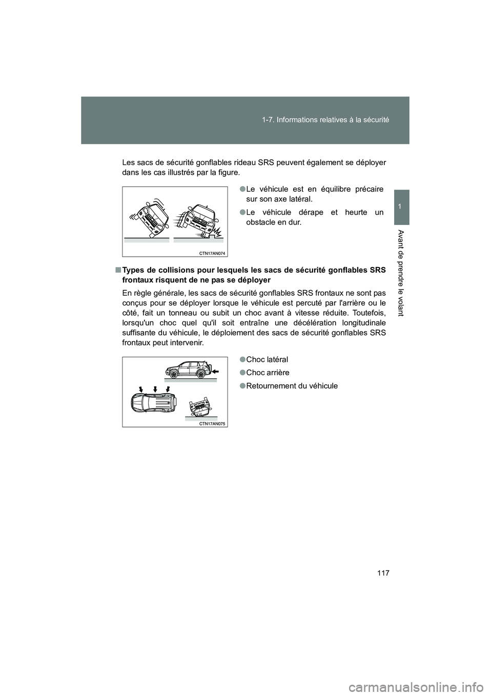 TOYOTA RAV4 2012 Manuel du propriétaire (in French) 117
1-7. Informations relatives à la sécurité
1
Avant de prendre le volant
Rav4_D
Les sacs de sécurité gonflables rideau SRS peuvent également se déployer
dans les cas illustrés par la figure. TOYOTA RAV4 2012 Manuel du propriétaire (in French) 117
1-7. Informations relatives à la sécurité
1
Avant de prendre le volant
Rav4_D
Les sacs de sécurité gonflables rideau SRS peuvent également se déployer
dans les cas illustrés par la figure.
