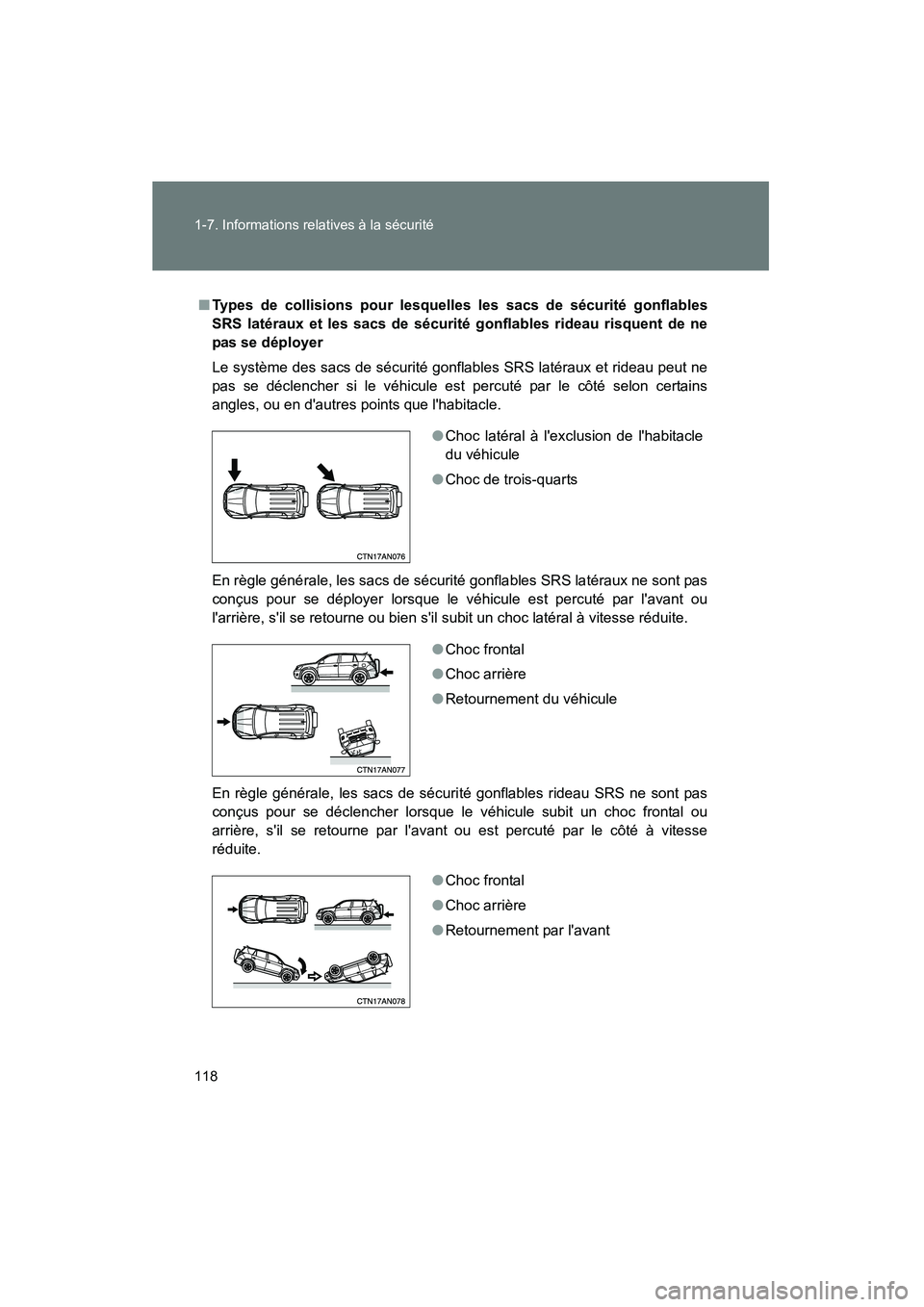 TOYOTA RAV4 2012 Manuel du propriétaire (in French) 118 1-7. Informations relatives à la sécurité
Rav4_D
■Types de collisions pour lesquelles les sacs de sécurité gonflables
SRS latéraux et les sacs de sécurité gonflables rideau risquent de n TOYOTA RAV4 2012 Manuel du propriétaire (in French) 118 1-7. Informations relatives à la sécurité
Rav4_D
■Types de collisions pour lesquelles les sacs de sécurité gonflables
SRS latéraux et les sacs de sécurité gonflables rideau risquent de n