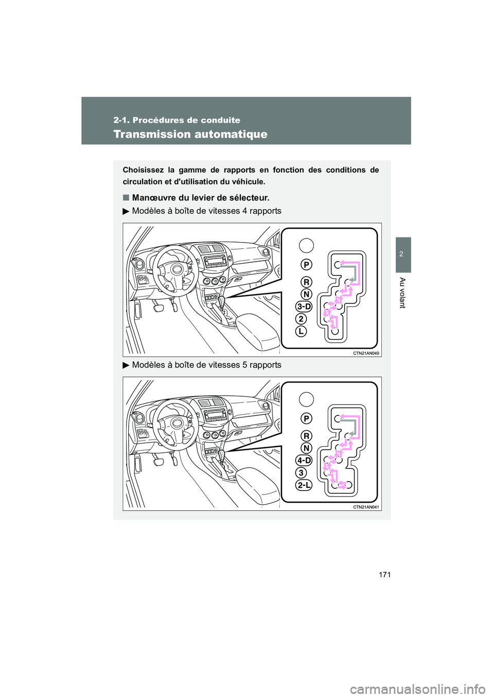TOYOTA RAV4 2012 Manuel du propriétaire (in French) 171
2-1. Procédures de conduite
2
Au volant
Rav4_D
Transmission automatique
Choisissez la gamme de rapports en fonction des conditions de
circulation et dutilisation du véhicule.
■Manœuvre du le TOYOTA RAV4 2012 Manuel du propriétaire (in French) 171
2-1. Procédures de conduite
2
Au volant
Rav4_D
Transmission automatique
Choisissez la gamme de rapports en fonction des conditions de
circulation et dutilisation du véhicule.
■Manœuvre du le