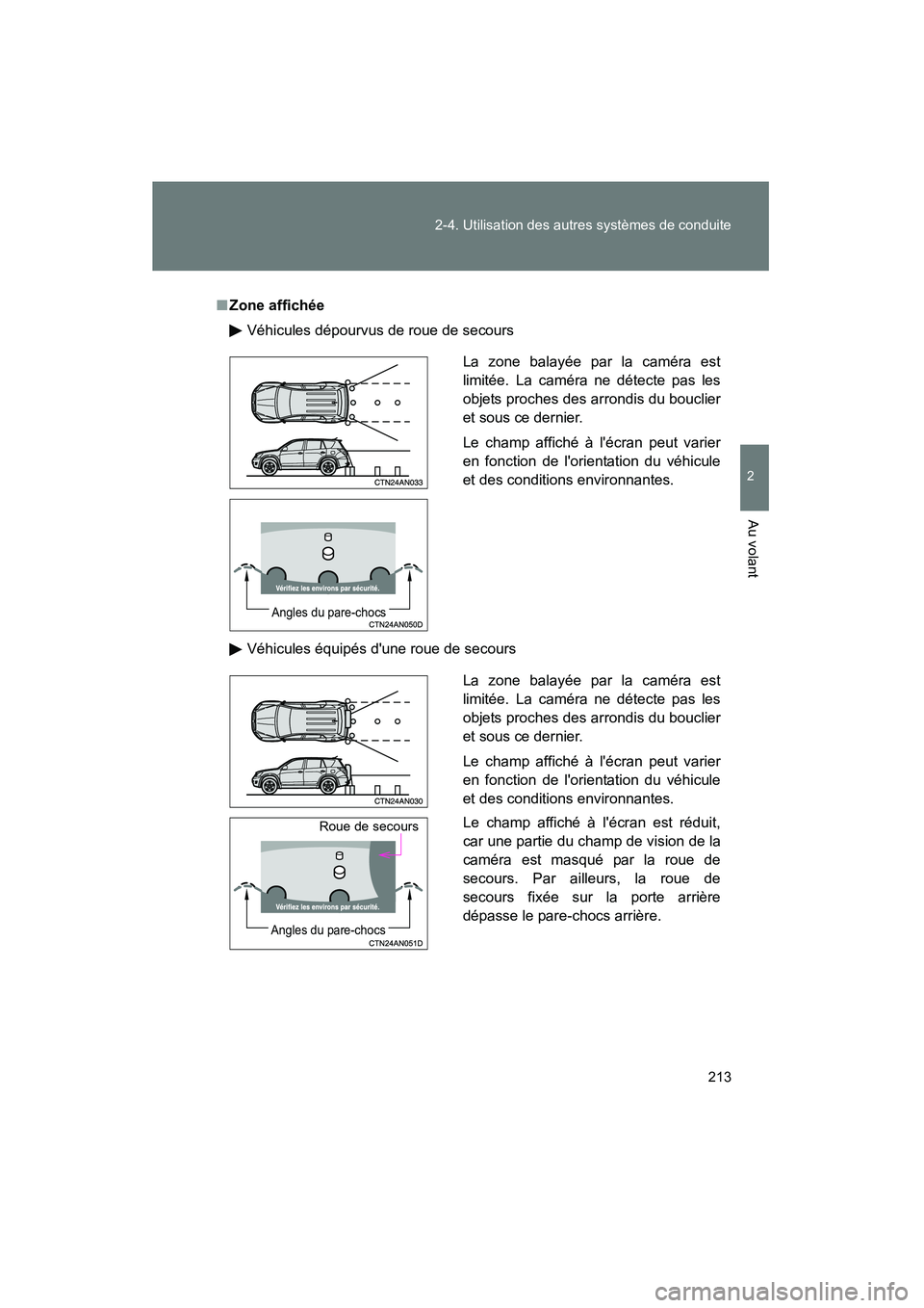 TOYOTA RAV4 2012  Manuel du propriétaire (in French) 213
2-4. Utilisation des autres systèmes de conduite
2
Au volant
Rav4_D
■
Zone affichée
Véhicules dépourvus de roue de secours
Véhicules équipés dune roue de secours
La zone balayée par la 