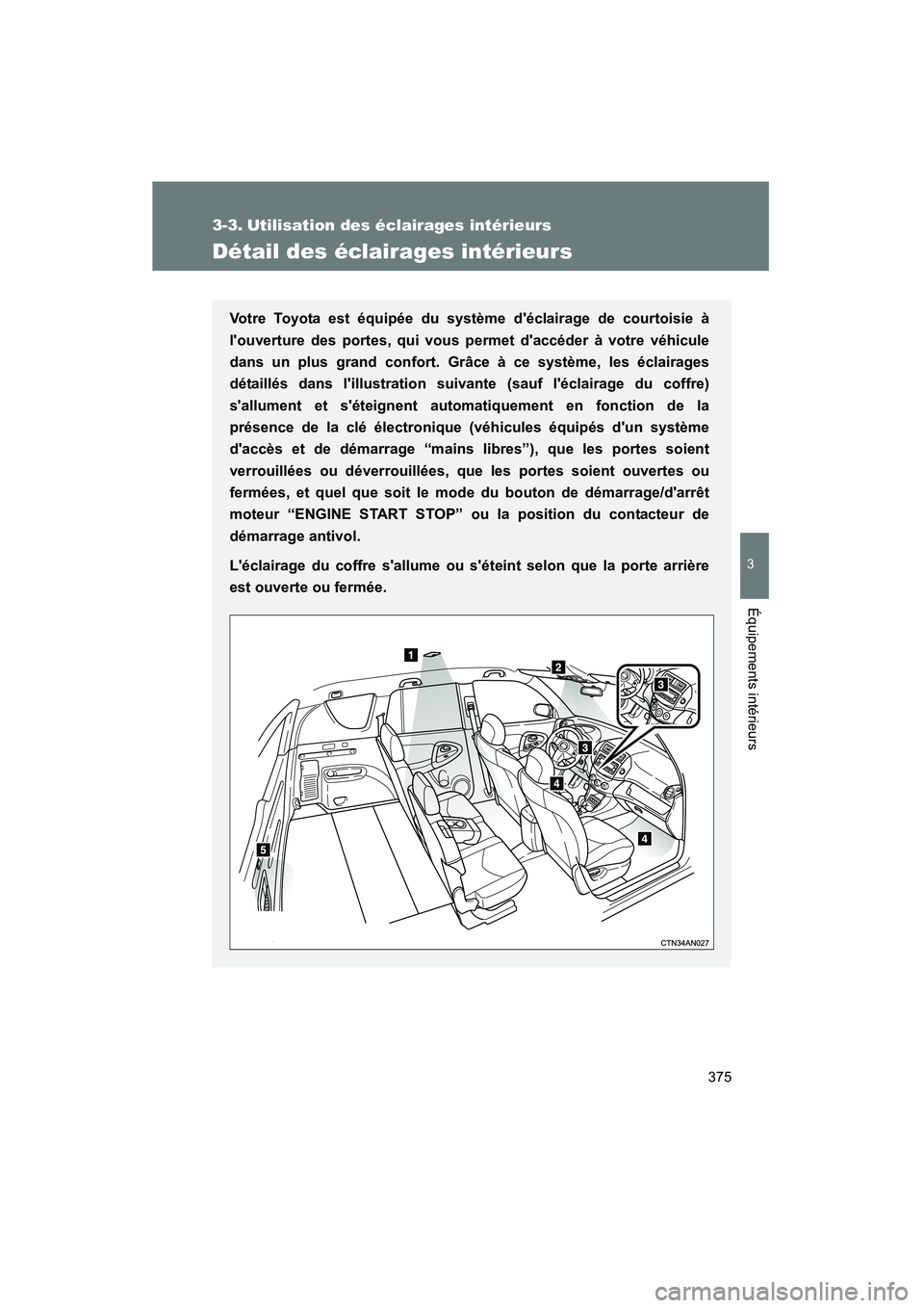 TOYOTA RAV4 2012  Manuel du propriétaire (in French) 375
3
Équipements intérieurs
Rav4_D
3-3. Utilisation des éclairages intérieurs
Détail des éclairages intérieurs
Votre Toyota est équipée du système déclairage de courtoisie à
louverture 