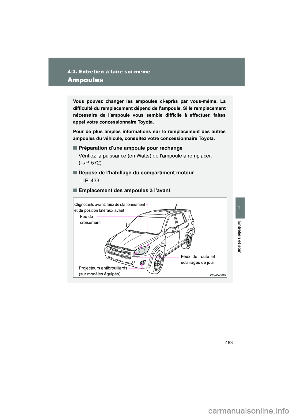 TOYOTA RAV4 2012  Manuel du propriétaire (in French) 483
4-3. Entretien à faire soi-même
4
Entretien et soin
Rav4_D
Ampoules
Vous pouvez changer les ampoules ci-après par vous-même. La
difficulté du remplacement dépend de lampoule. Si le remplace