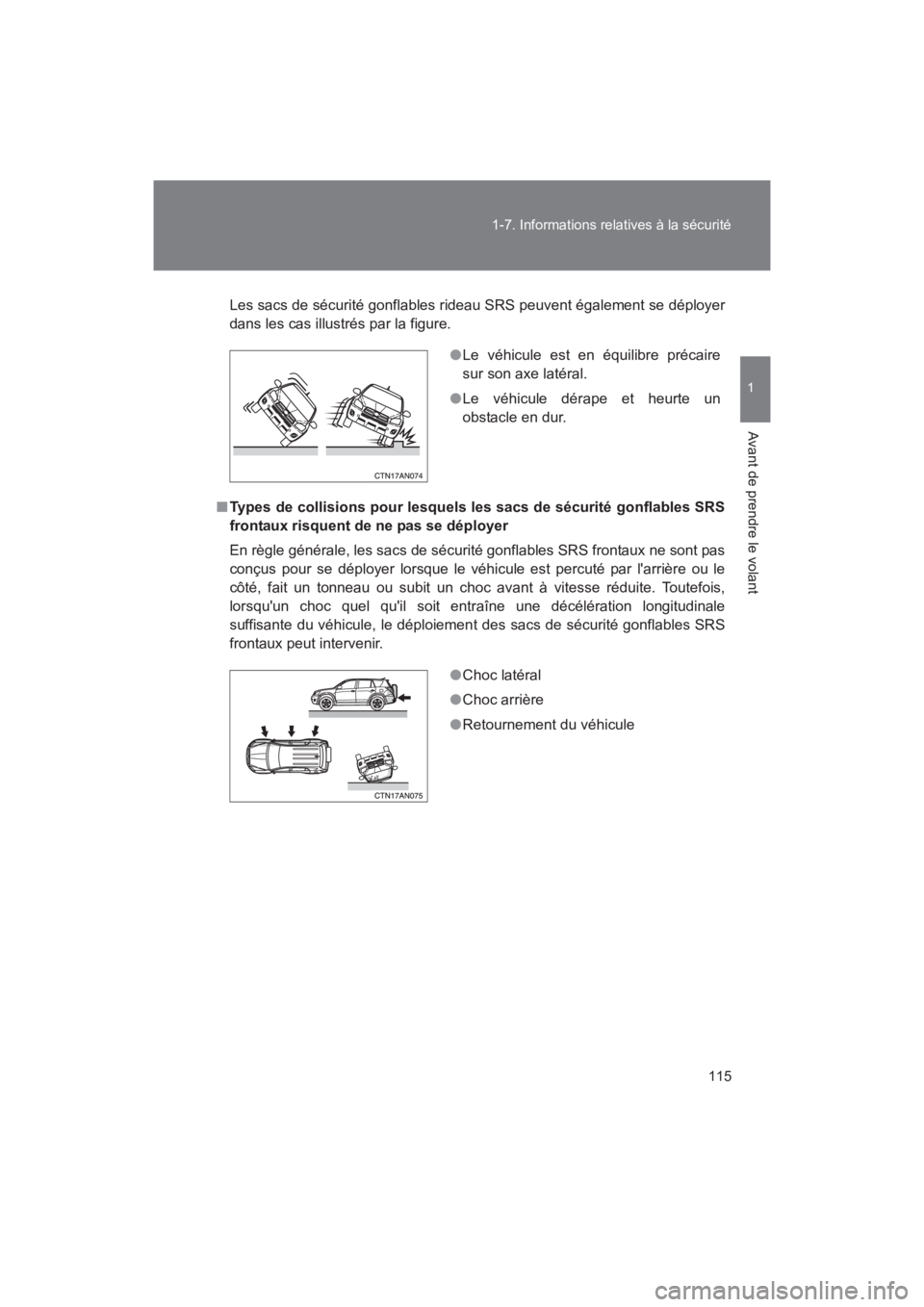 TOYOTA RAV4 2011 Manuel du propriétaire (in French) 115
1-7. Informations relatives à la sécurité
1
Avant de prendre le volant
Rav4_D
Les sacs de sécurité gonflables rideau SRS peuvent également se déployer
dans les cas illustrés par la figure. TOYOTA RAV4 2011 Manuel du propriétaire (in French) 115
1-7. Informations relatives à la sécurité
1
Avant de prendre le volant
Rav4_D
Les sacs de sécurité gonflables rideau SRS peuvent également se déployer
dans les cas illustrés par la figure.