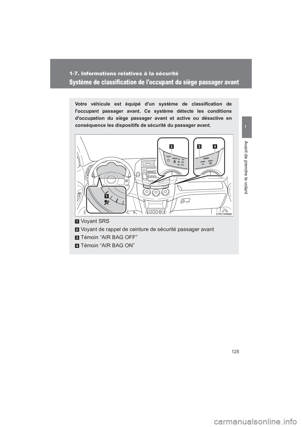 TOYOTA RAV4 2011 Manuel du propriétaire (in French) 125
1
1-7. Informations relatives à la sécurité
Avant de prendre le volant
Rav4_D
Système de classification de loccupant du siège passager avant
Votre véhicule est équipé dun système de cla TOYOTA RAV4 2011 Manuel du propriétaire (in French) 125
1
1-7. Informations relatives à la sécurité
Avant de prendre le volant
Rav4_D
Système de classification de loccupant du siège passager avant
Votre véhicule est équipé dun système de cla