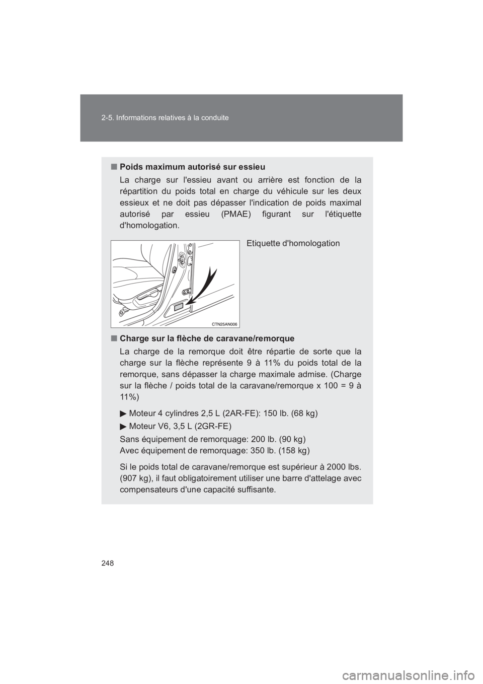 TOYOTA RAV4 2011 Manuel du propriétaire (in French) 248 2-5. Informations relatives à la conduite
Rav4_D
■Poids maximum autorisé sur essieu
La charge sur lessieu avant ou arrière est fonction de la
répartition du poids total en charge du véhicu TOYOTA RAV4 2011 Manuel du propriétaire (in French) 248 2-5. Informations relatives à la conduite
Rav4_D
■Poids maximum autorisé sur essieu
La charge sur lessieu avant ou arrière est fonction de la
répartition du poids total en charge du véhicu