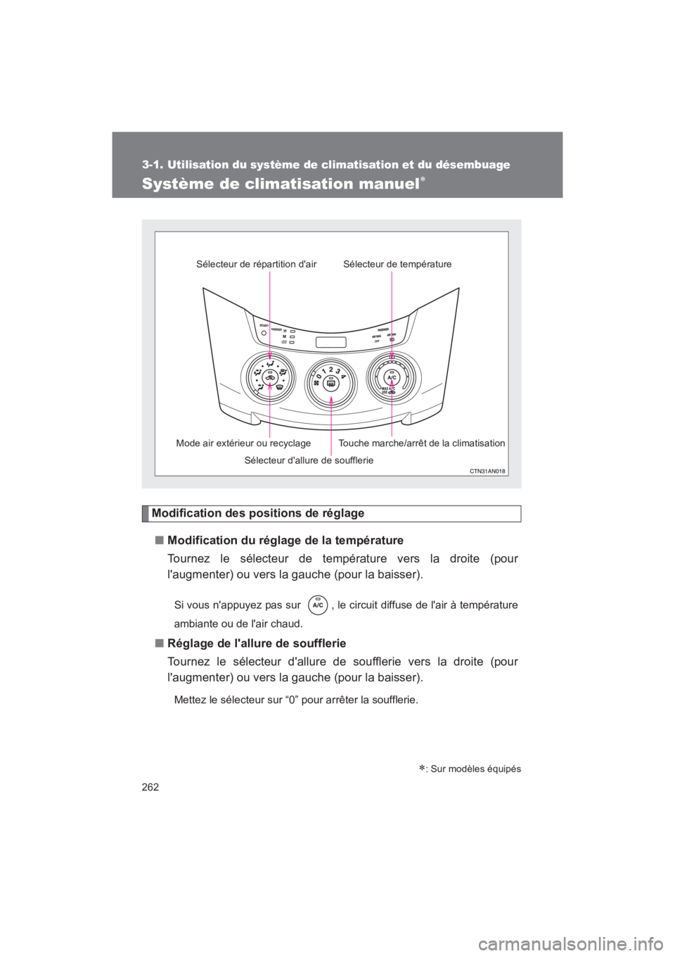 TOYOTA RAV4 2011 Manuel du propriétaire (in French) 262
Rav4_D
3-1. Utilisation du système de climatisation et du désembuage
Système de climatisation manuel∗
Modification des positions de réglage■ Modification du réglage de la température
Tou TOYOTA RAV4 2011 Manuel du propriétaire (in French) 262
Rav4_D
3-1. Utilisation du système de climatisation et du désembuage
Système de climatisation manuel∗
Modification des positions de réglage■ Modification du réglage de la température
Tou