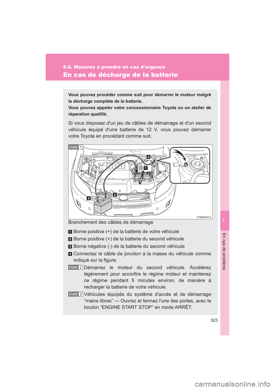TOYOTA RAV4 2011 Manuel du propriétaire (in French) 5
En cas de problème
523
5-2. Mesures à prendre en cas durgence
Rav4_D
En cas de décharge de la batterie
Vous pouvez procéder comme suit pour démarrer le moteur malgré
la décharge complète de TOYOTA RAV4 2011 Manuel du propriétaire (in French) 5
En cas de problème
523
5-2. Mesures à prendre en cas durgence
Rav4_D
En cas de décharge de la batterie
Vous pouvez procéder comme suit pour démarrer le moteur malgré
la décharge complète de