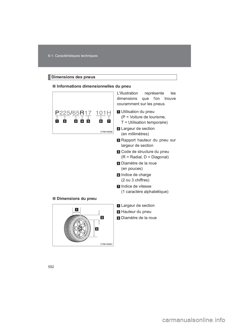 TOYOTA RAV4 2011 Manuel du propriétaire (in French) 552 6-1. Caractéristiques techniques
Rav4_D
Dimensions des pneus■ Informations dimensionnelles du pneu
Lillustration représente les
dimensions que lon trouve
couramment sur les pneus.
Utilisatio TOYOTA RAV4 2011 Manuel du propriétaire (in French) 552 6-1. Caractéristiques techniques
Rav4_D
Dimensions des pneus■ Informations dimensionnelles du pneu
Lillustration représente les
dimensions que lon trouve
couramment sur les pneus.
Utilisatio