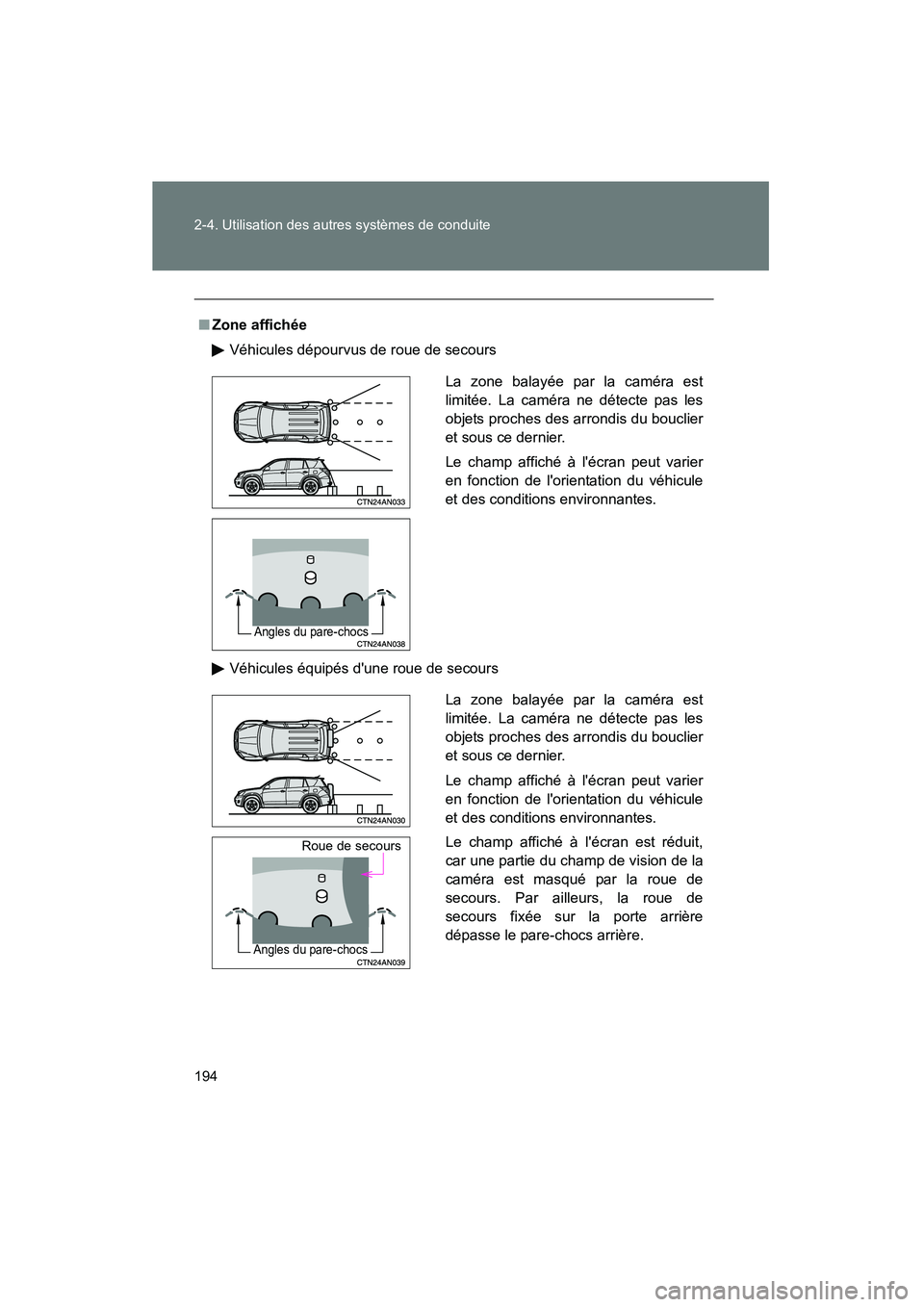 TOYOTA RAV4 2010 Manuel du propriétaire (in French) 194 2-4. Utilisation des autres systèmes de conduite
Rav4_D
■Zone affichée
Véhicules dépourvus de roue de secours
Véhicules équipés dune roue de secours
La zone balayée par la caméra est
l TOYOTA RAV4 2010 Manuel du propriétaire (in French) 194 2-4. Utilisation des autres systèmes de conduite
Rav4_D
■Zone affichée
Véhicules dépourvus de roue de secours
Véhicules équipés dune roue de secours
La zone balayée par la caméra est
l