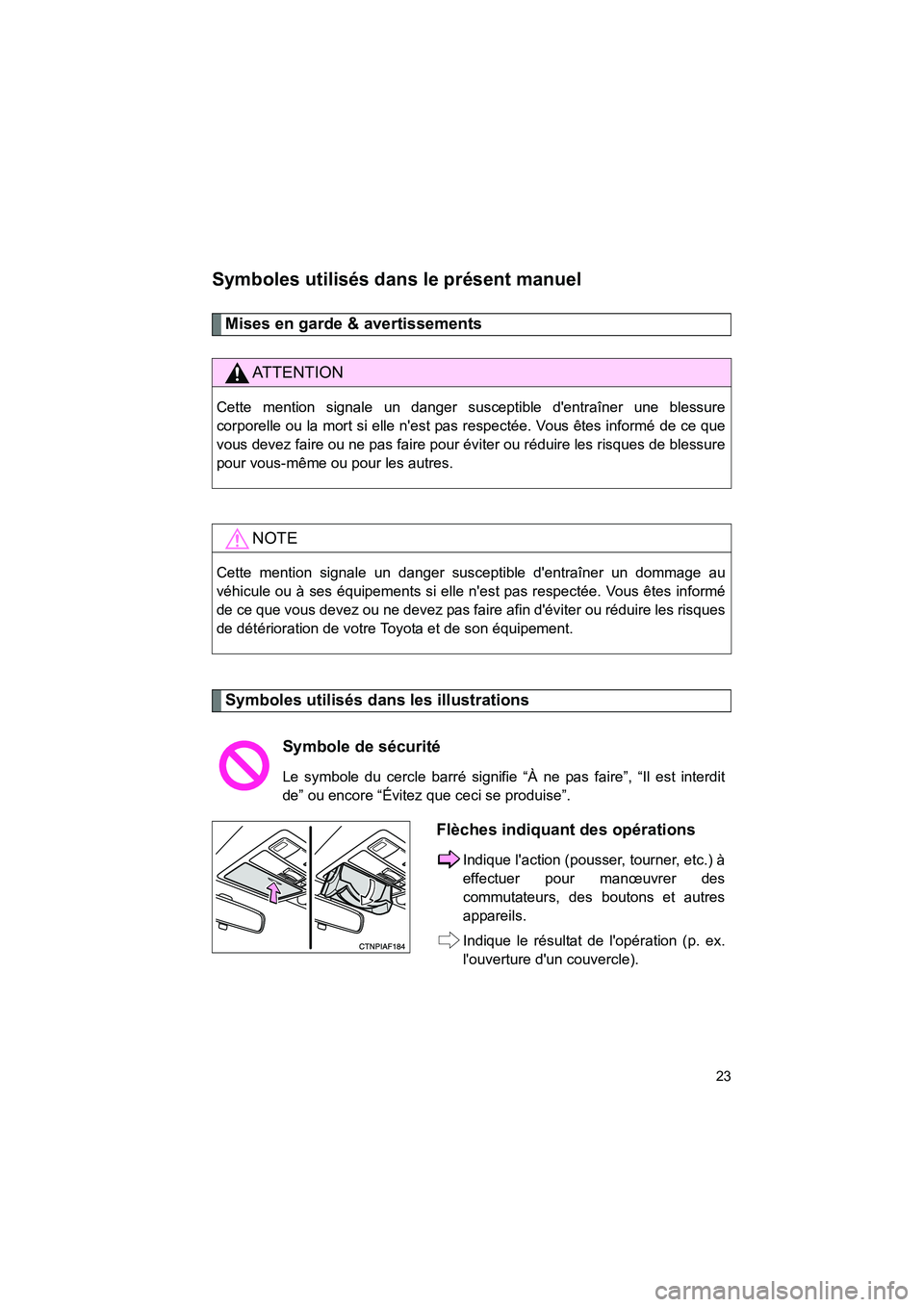 TOYOTA RAV4 2010 Manuel du propriétaire (in French) Rav4_D
23
Symboles utilisés dans le présent manuel
Mises en garde & avertissements
Symboles utilisés dans les illustrations
AT T E N T I O N
Cette mention signale un danger susceptible dentraîne TOYOTA RAV4 2010 Manuel du propriétaire (in French) Rav4_D
23
Symboles utilisés dans le présent manuel
Mises en garde & avertissements
Symboles utilisés dans les illustrations
AT T E N T I O N
Cette mention signale un danger susceptible dentraîne