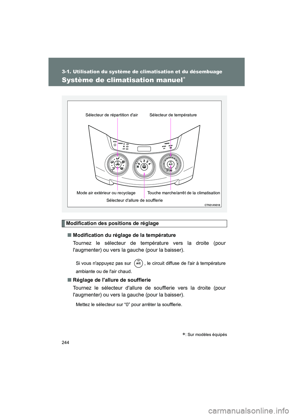 TOYOTA RAV4 2010 Manuel du propriétaire (in French) 244
Rav4_D
3-1. Utilisation du système de climatisation et du désembuage
Système de climatisation manuel∗
Modification des positions de réglage■ Modification du réglage de la température
Tou TOYOTA RAV4 2010 Manuel du propriétaire (in French) 244
Rav4_D
3-1. Utilisation du système de climatisation et du désembuage
Système de climatisation manuel∗
Modification des positions de réglage■ Modification du réglage de la température
Tou