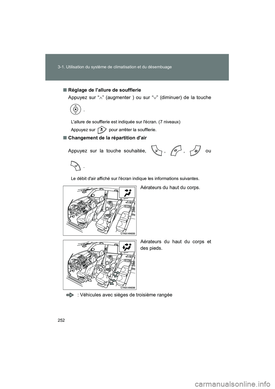 TOYOTA RAV4 2010 Manuel du propriétaire (in French) 252 3-1. Utilisation du système de climatisation et du désembuage
Rav4_D■
Réglage de lallure de soufflerie
Appuyez sur “ ∧” (augmenter ) ou sur “ ∨” (diminuer) de la touche
.
Lallur TOYOTA RAV4 2010 Manuel du propriétaire (in French) 252 3-1. Utilisation du système de climatisation et du désembuage
Rav4_D■
Réglage de lallure de soufflerie
Appuyez sur “ ∧” (augmenter ) ou sur “ ∨” (diminuer) de la touche
.
Lallur