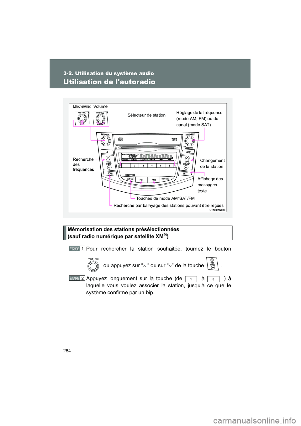 TOYOTA RAV4 2010 Manuel du propriétaire (in French) 264
3-2. Utilisation du système audio
Rav4_D
Utilisation de lautoradio
Mémorisation des stations présélectionnées
(sauf radio numérique par satellite XM®)
Pour rechercher la station souhaité TOYOTA RAV4 2010 Manuel du propriétaire (in French) 264
3-2. Utilisation du système audio
Rav4_D
Utilisation de lautoradio
Mémorisation des stations présélectionnées
(sauf radio numérique par satellite XM®)
Pour rechercher la station souhaité