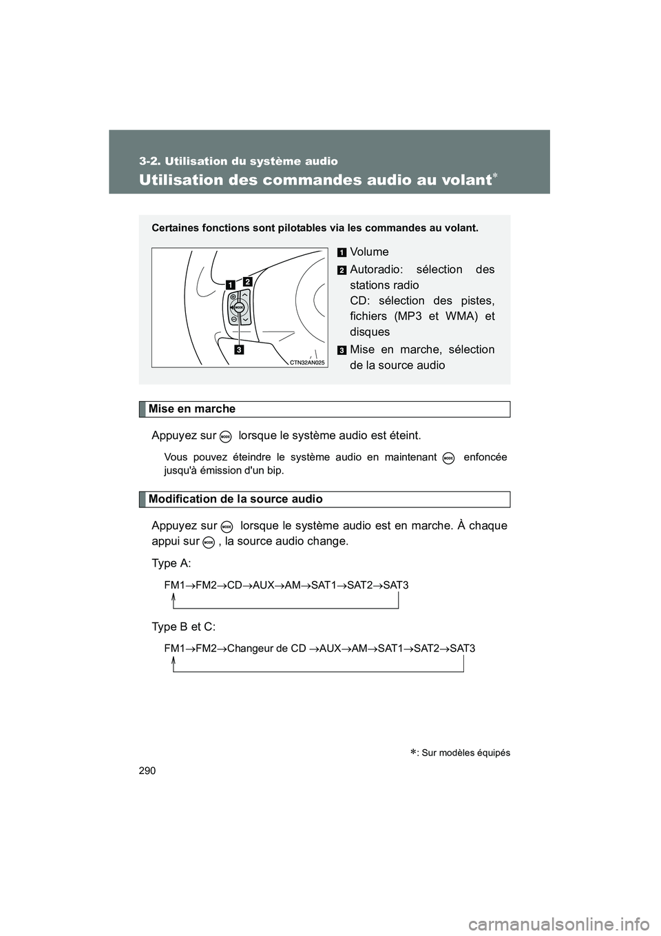 TOYOTA RAV4 2010  Manuel du propriétaire (in French) 290
3-2. Utilisation du système audio
Rav4_D
Utilisation des commandes audio au volant∗
Mise en marcheAppuyez sur   lorsque le système audio est éteint.
Vous pouvez éteindre le système audio en