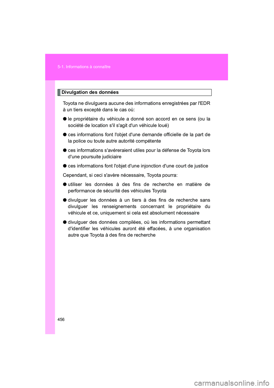 TOYOTA RAV4 2010 Manuel du propriétaire (in French) 456 5-1. Informations à connaître
Rav4_D
Divulgation des donnéesToyota ne divulguera aucune des informations enregistrées par lEDR
à un tiers excepté dans le cas où:
● le propriétaire du v TOYOTA RAV4 2010 Manuel du propriétaire (in French) 456 5-1. Informations à connaître
Rav4_D
Divulgation des donnéesToyota ne divulguera aucune des informations enregistrées par lEDR
à un tiers excepté dans le cas où:
● le propriétaire du v