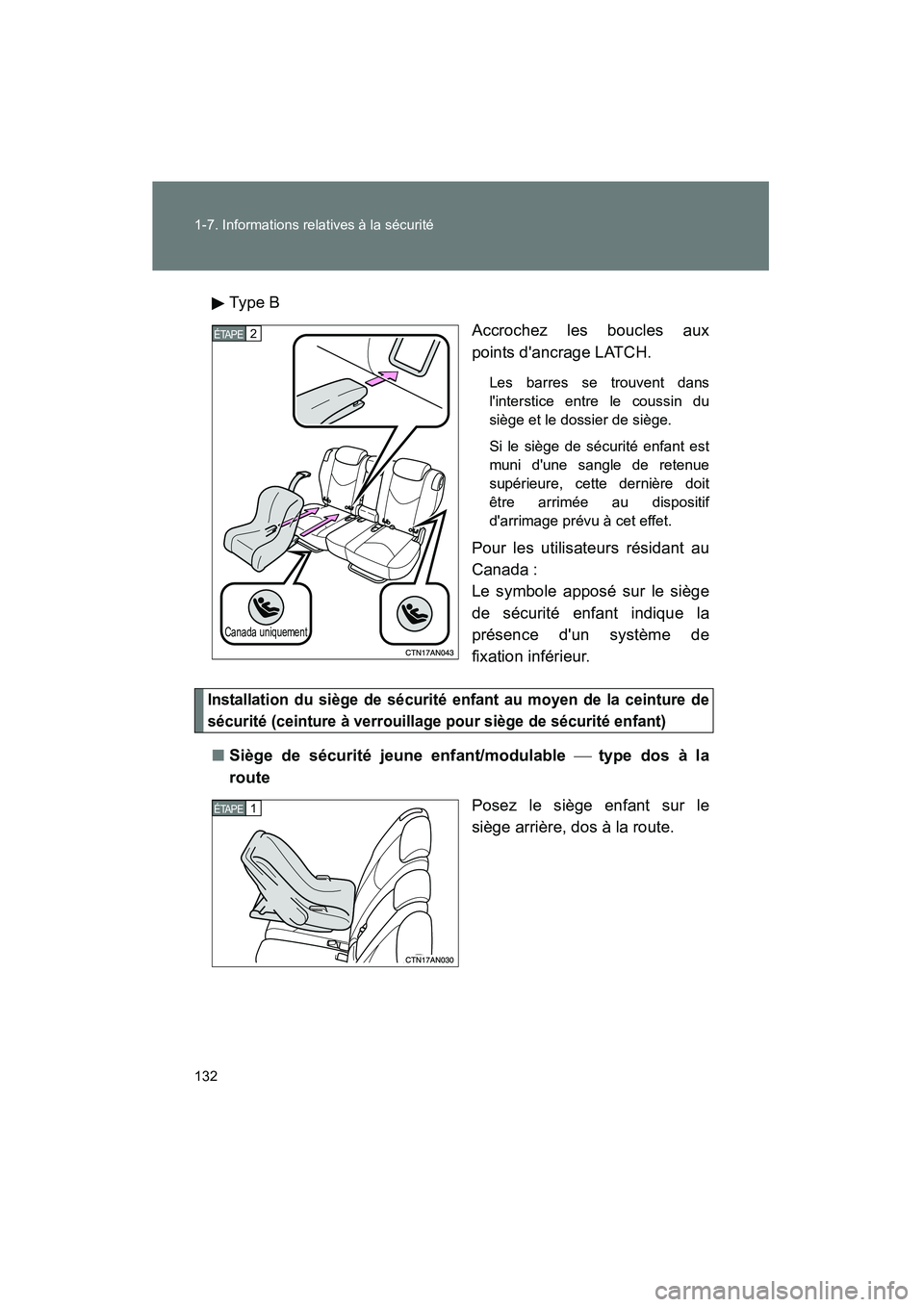 TOYOTA RAV4 2009 Manuel du propriétaire (in French) 132 1-7. Informations relatives à la sécurité
Rav4_D_(L/O_0808)Ty pe B
Accrochez les boucles aux
points dancrage LATCH.
Les barres se trouvent dans
linterstice entre le coussin du
siège et le d TOYOTA RAV4 2009 Manuel du propriétaire (in French) 132 1-7. Informations relatives à la sécurité
Rav4_D_(L/O_0808)Ty pe B
Accrochez les boucles aux
points dancrage LATCH.
Les barres se trouvent dans
linterstice entre le coussin du
siège et le d