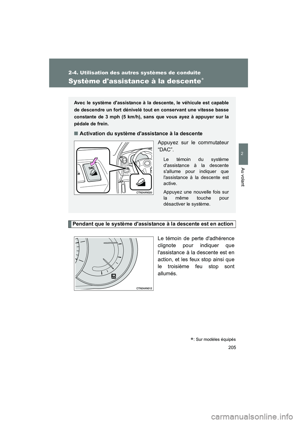 TOYOTA RAV4 2009 Manuel du propriétaire (in French) 205
2-4. Utilisation des autres systèmes de conduite
2
Au volant
Rav4_D_(L/O_0808)
Système dassistance à la descente∗
Pendant que le système dassistance à la descente est en actionLe témoin TOYOTA RAV4 2009 Manuel du propriétaire (in French) 205
2-4. Utilisation des autres systèmes de conduite
2
Au volant
Rav4_D_(L/O_0808)
Système dassistance à la descente∗
Pendant que le système dassistance à la descente est en actionLe témoin