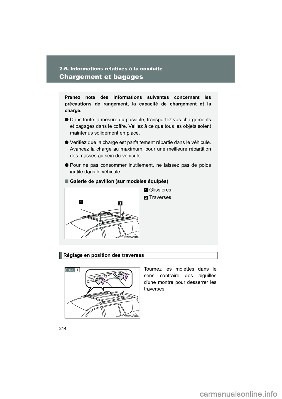 TOYOTA RAV4 2009 Manuel du propriétaire (in French) 214
2-5. Informations relatives à la conduite
Rav4_D_(L/O_0808)
Chargement et bagages
Réglage en position des traversesTournez les molettes dans le
sens contraire des aiguilles
dune montre pour des TOYOTA RAV4 2009 Manuel du propriétaire (in French) 214
2-5. Informations relatives à la conduite
Rav4_D_(L/O_0808)
Chargement et bagages
Réglage en position des traversesTournez les molettes dans le
sens contraire des aiguilles
dune montre pour des