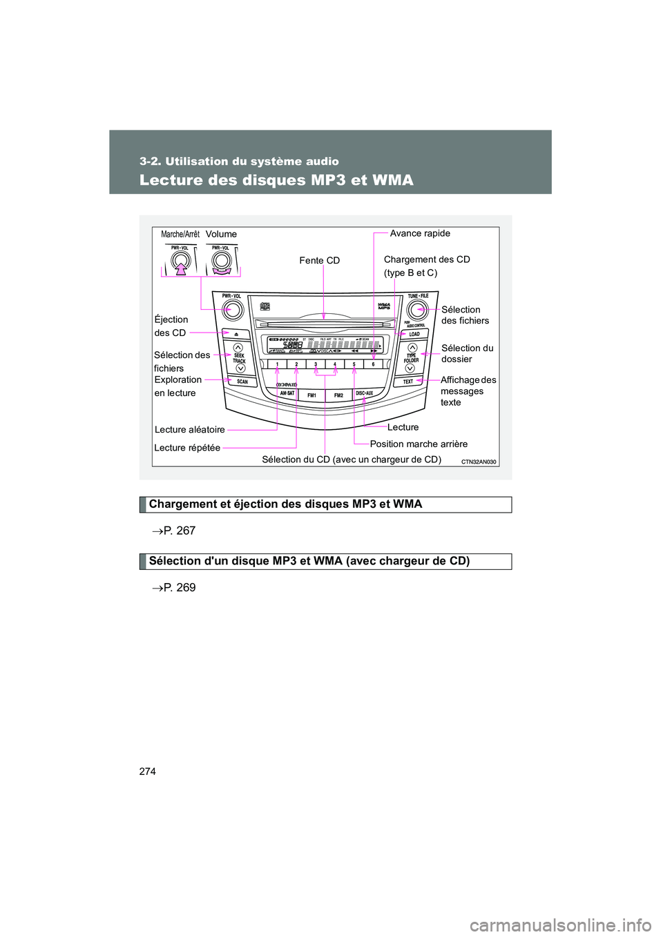 TOYOTA RAV4 2009 Manuel du propriétaire (in French) 274
3-2. Utilisation du système audio
Rav4_D_(L/O_0808)
Lecture des disques MP3 et WMA
Chargement et éjection des disques MP3 et WMA→ P. 2 6 7
Sélection dun disque MP3 et WMA (avec chargeur de TOYOTA RAV4 2009 Manuel du propriétaire (in French) 274
3-2. Utilisation du système audio
Rav4_D_(L/O_0808)
Lecture des disques MP3 et WMA
Chargement et éjection des disques MP3 et WMA→ P. 2 6 7
Sélection dun disque MP3 et WMA (avec chargeur de