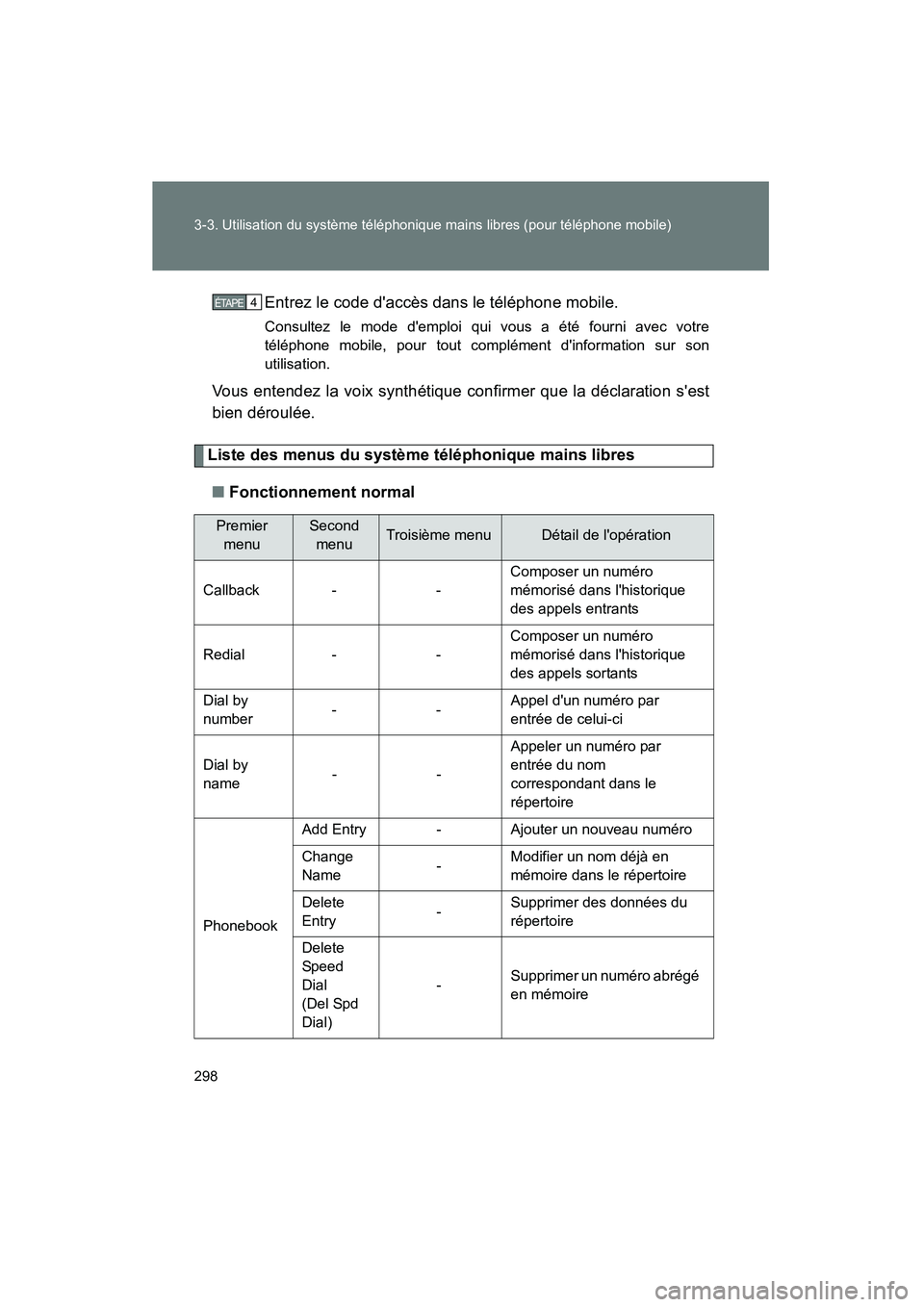 TOYOTA RAV4 2009  Manuel du propriétaire (in French) 298 3-3. Utilisation du système téléphonique mains libres (pour téléphone mobile)
Rav4_D_(L/O_0808)Entrez le code daccès dans le téléphone mobile.
Consultez le mode demploi qui vous a été 