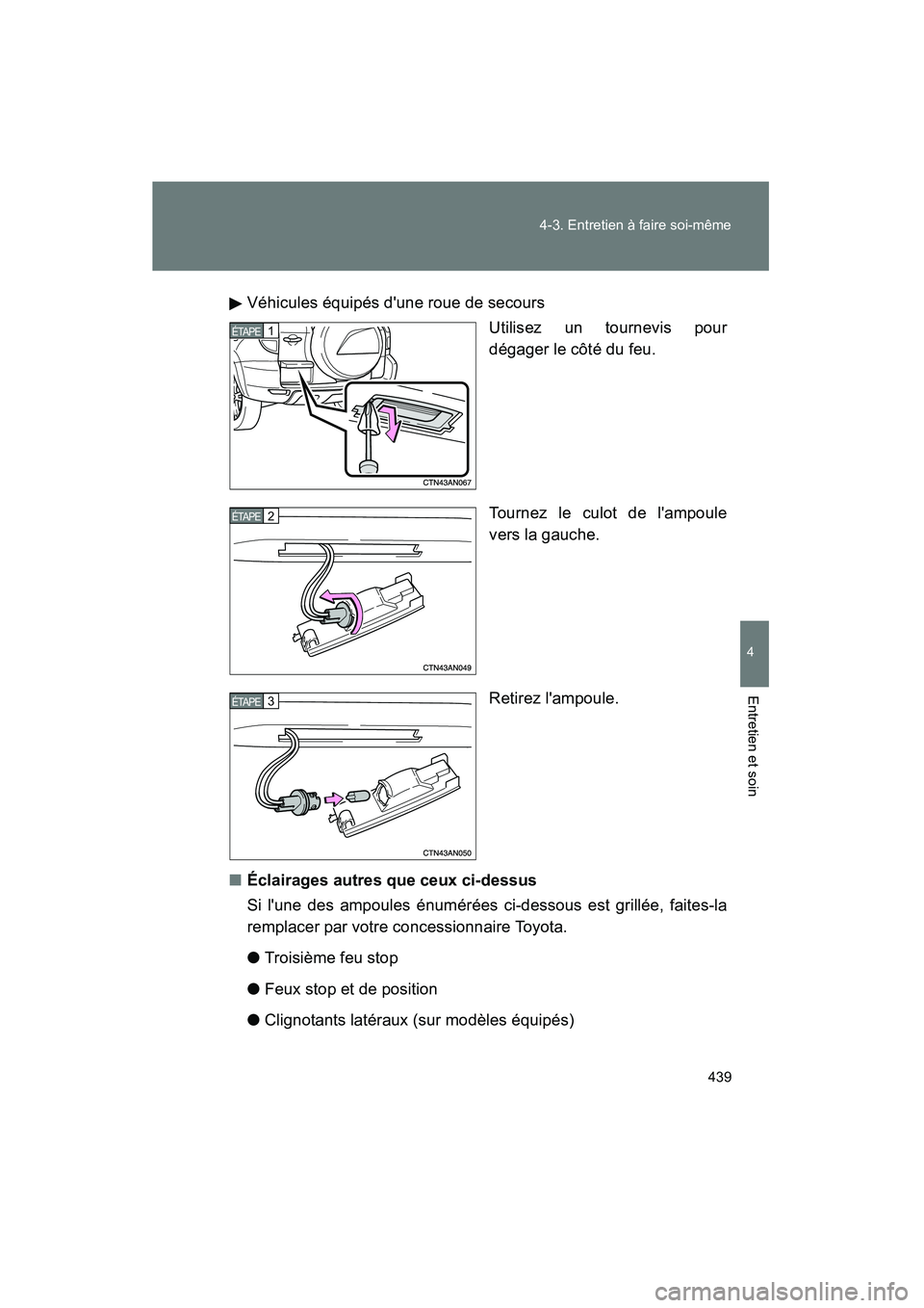 TOYOTA RAV4 2009 Manuel du propriétaire (in French) 439
4-3. Entretien à faire soi-même
4
Entretien et soin
Rav4_D_(L/O_0808)
Véhicules équipés dune roue de secours
Utilisez un tournevis pour
dégager le côté du feu.
Tournez le culot de lampou TOYOTA RAV4 2009 Manuel du propriétaire (in French) 439
4-3. Entretien à faire soi-même
4
Entretien et soin
Rav4_D_(L/O_0808)
Véhicules équipés dune roue de secours
Utilisez un tournevis pour
dégager le côté du feu.
Tournez le culot de lampou