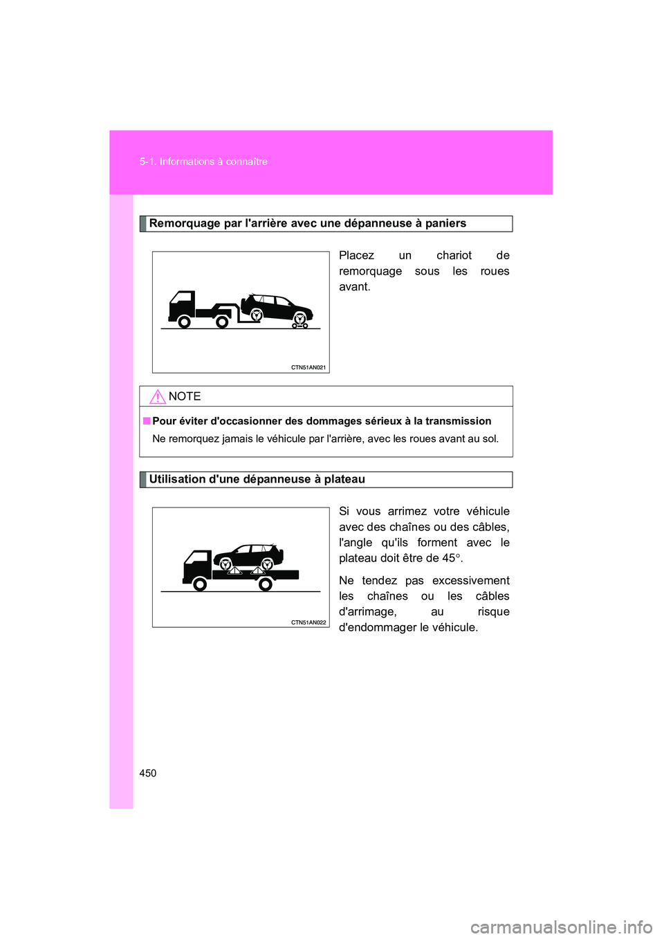TOYOTA RAV4 2009 Manuel du propriétaire (in French) 450 5-1. Informations à connaître
Rav4_D_(L/O_0808)
Remorquage par larrière avec une dépanneuse à paniersPlacez un chariot de
remorquage sous les roues
avant.
Utilisation dune dépanneuse à pl TOYOTA RAV4 2009 Manuel du propriétaire (in French) 450 5-1. Informations à connaître
Rav4_D_(L/O_0808)
Remorquage par larrière avec une dépanneuse à paniersPlacez un chariot de
remorquage sous les roues
avant.
Utilisation dune dépanneuse à pl