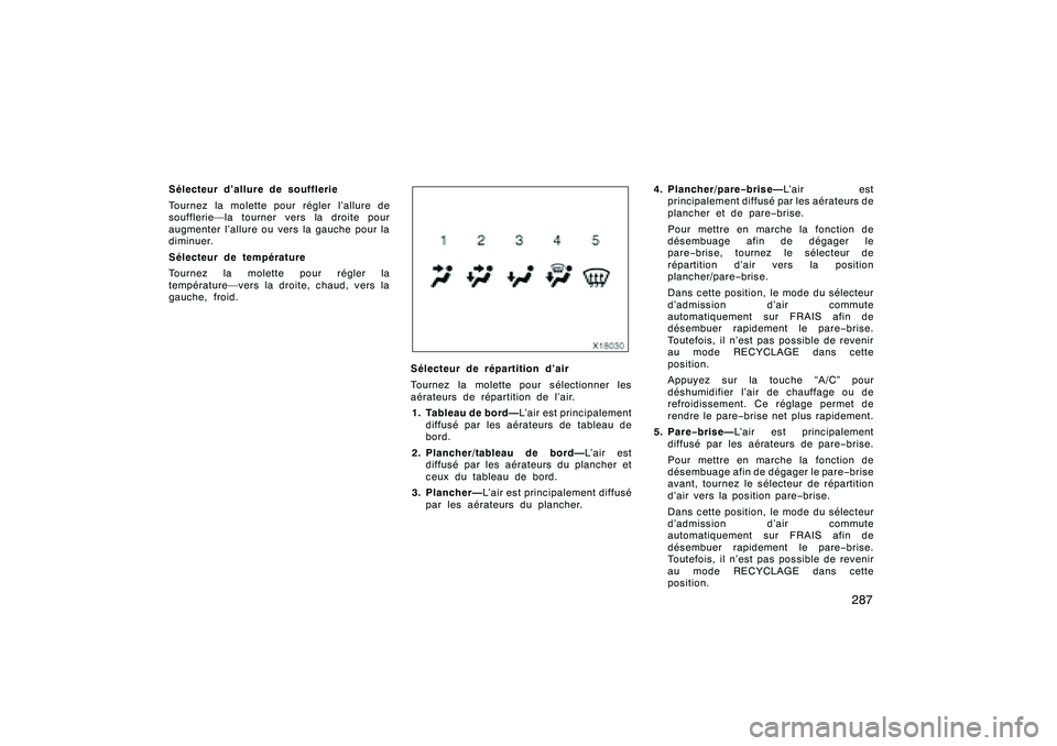 TOYOTA RAV4 2008  Manuel du propriétaire (in French) ’08 Rav4_D (L/O 0708)
287
Sélecteur d’allure de soufflerie
Tournez la molette pour régler l’allure de
soufflerie—la tourner vers la droite pour
augmenter l’allure ou vers la gauche pour la