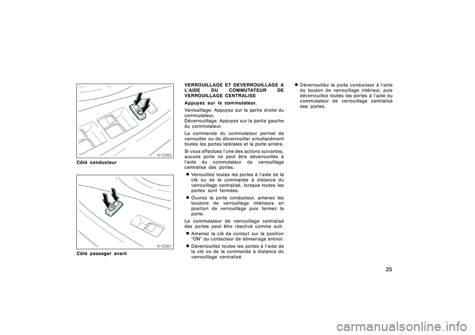 TOYOTA RAV4 2008 Manuel du propriétaire (in French) ’08 Rav4_D (L/O 0708)
25
Côté conducteurCôté passager avantVERROUILLAGE ET DEVERROUILLAGE A
L’AIDE DU COMMUTATEUR DE
VERROUILLAGE CENTRALISE
Appuyez sur le commutateur.
Verrouillage: Appuyez s TOYOTA RAV4 2008 Manuel du propriétaire (in French) ’08 Rav4_D (L/O 0708)
25
Côté conducteurCôté passager avantVERROUILLAGE ET DEVERROUILLAGE A
L’AIDE DU COMMUTATEUR DE
VERROUILLAGE CENTRALISE
Appuyez sur le commutateur.
Verrouillage: Appuyez s