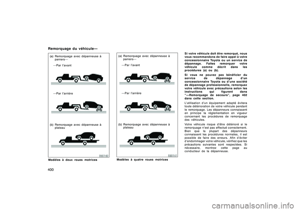 TOYOTA RAV4 2008 Manuel du propriétaire (in French) ’08 Rav4_D (L/O 0708)
400(a) Remorquage avec dépanneuse àpaniers—
—Par l’avant
—Par l’arrière
(b) Remorquage avec dépanneuse à plateau
Modèles à deux roues motrices
(a) Remorquage a TOYOTA RAV4 2008 Manuel du propriétaire (in French) ’08 Rav4_D (L/O 0708)
400(a) Remorquage avec dépanneuse àpaniers—
—Par l’avant
—Par l’arrière
(b) Remorquage avec dépanneuse à plateau
Modèles à deux roues motrices
(a) Remorquage a