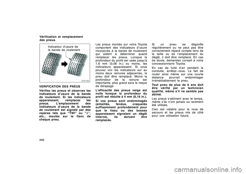 TOYOTA RAV4 2008 Manuel du propriétaire (in French) ’08 Rav4_D (L/O 0708)
440
Indicateur d’usure de
la bande de roulement
VERIFICATION DES PNEUS
Vérifiez les pneus et observez les
indicateurs d’usure de la bande
de roulement. Si les indicateurs
TOYOTA RAV4 2008 Manuel du propriétaire (in French) ’08 Rav4_D (L/O 0708)
440
Indicateur d’usure de
la bande de roulement
VERIFICATION DES PNEUS
Vérifiez les pneus et observez les
indicateurs d’usure de la bande
de roulement. Si les indicateurs