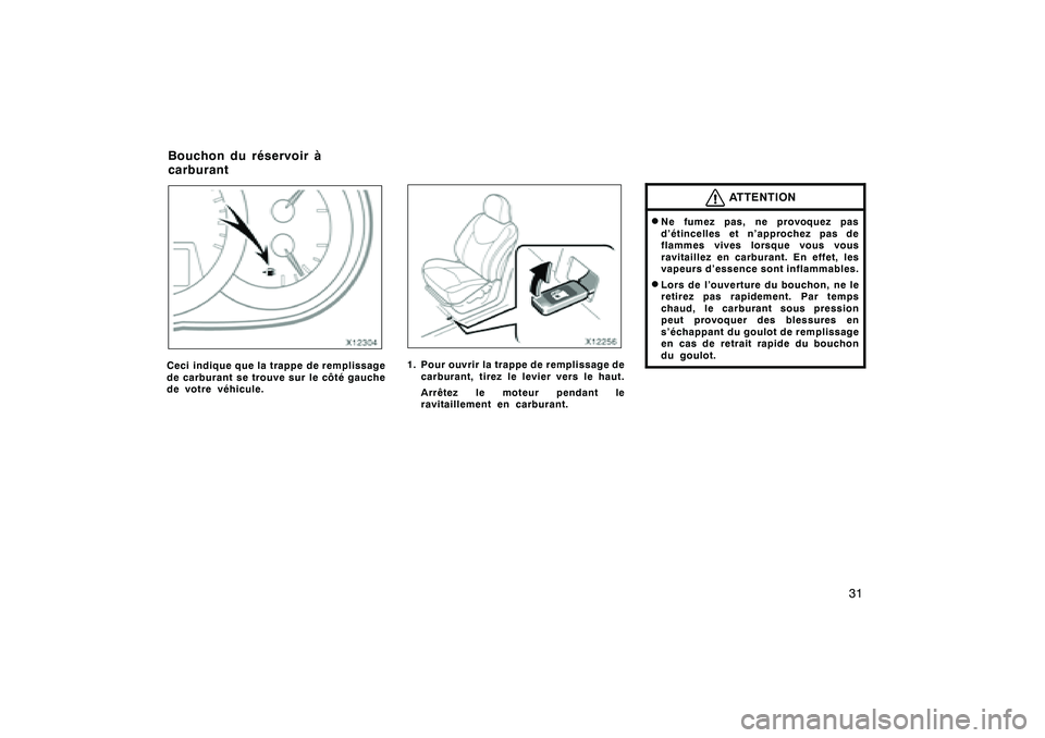 TOYOTA RAV4 2008  Manuel du propriétaire (in French) ’08 Rav4_D (L/O 0708)
31
Ceci indique que la trappe de remplissage
de carburant se trouve sur le côté gauche
de votre véhicule.
1. Pour ouvrir la trappe de remplissage decarburant, tirez le levie