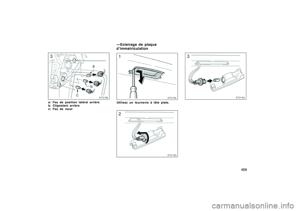 TOYOTA RAV4 2008  Manuel du propriétaire (in French) ’08 Rav4_D (L/O 0708)
459
a: Feu de position latéral arrière
b: Clignotant arrière
c: Feu de recul
Utilisez un tournevis à tête plate.
Finish
—Eclairage de plaque
d’immatriculation 