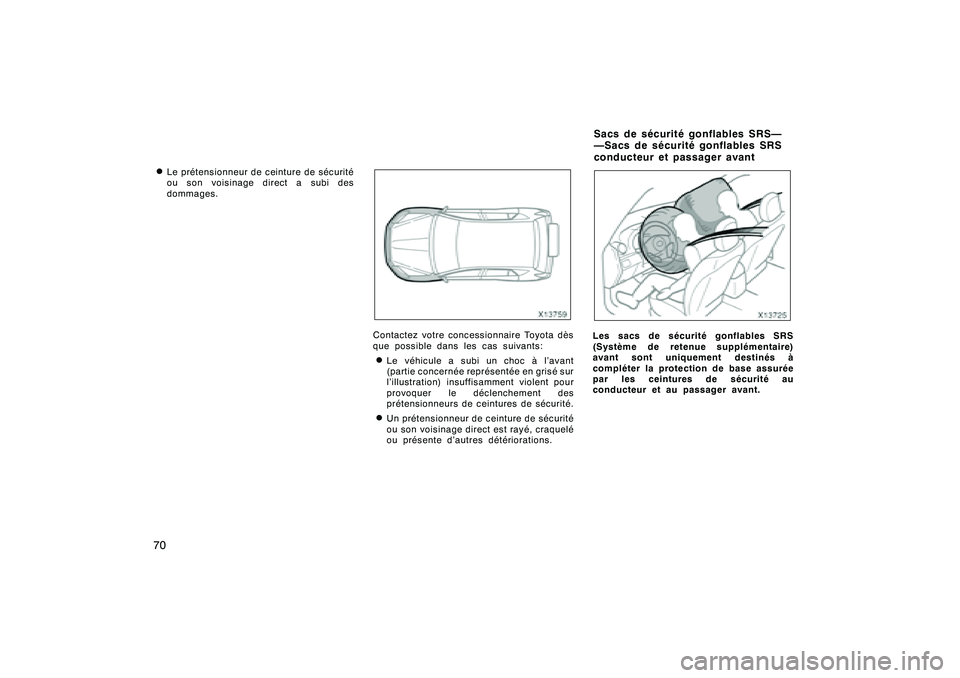 TOYOTA RAV4 2008 Manuel du propriétaire (in French) ’08 Rav4_D (L/O 0708)
70D
Le prétensionneur de ceinture de sécurité
ou son voisinage direct a subi des
dommages.
Contactez votre concessionnaire Toyota dès
que possible dans les cas suivants:DLe TOYOTA RAV4 2008 Manuel du propriétaire (in French) ’08 Rav4_D (L/O 0708)
70D
Le prétensionneur de ceinture de sécurité
ou son voisinage direct a subi des
dommages.
Contactez votre concessionnaire Toyota dès
que possible dans les cas suivants:DLe
