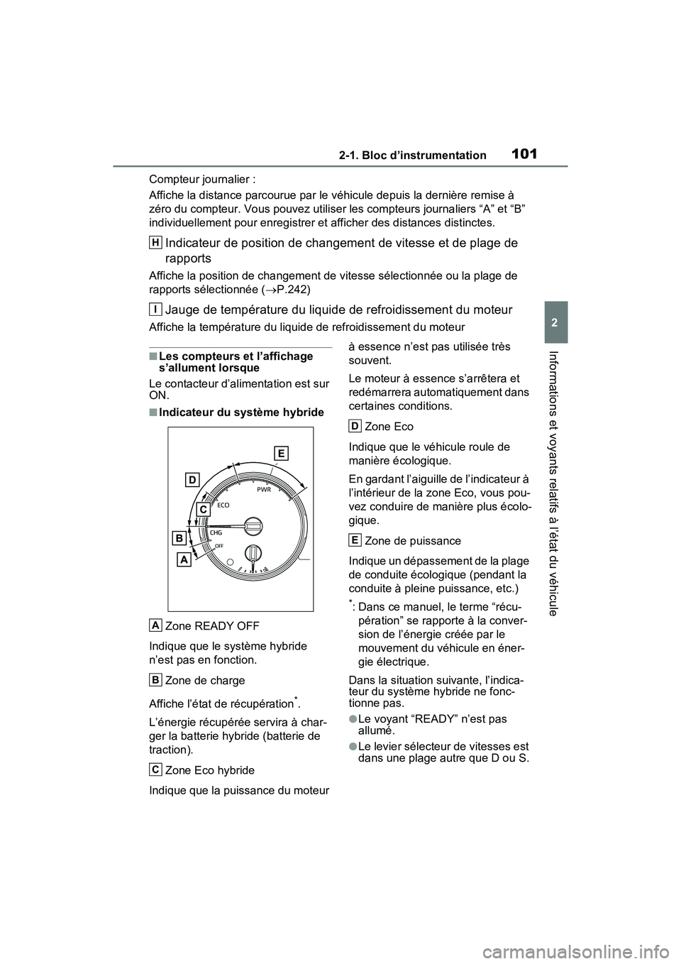 TOYOTA RAV4 HYBRID 2021 Manuel du propriétaire (in French) 1012-1. Bloc d’instrumentation
2
Informations et voyants relatifs à l’état du véhicule
Compteur journalier :
Affiche la distance parcourue par le véhicule depuis la dernière remise à
zéro TOYOTA RAV4 HYBRID 2021 Manuel du propriétaire (in French) 1012-1. Bloc d’instrumentation
2
Informations et voyants relatifs à l’état du véhicule
Compteur journalier :
Affiche la distance parcourue par le véhicule depuis la dernière remise à
zéro