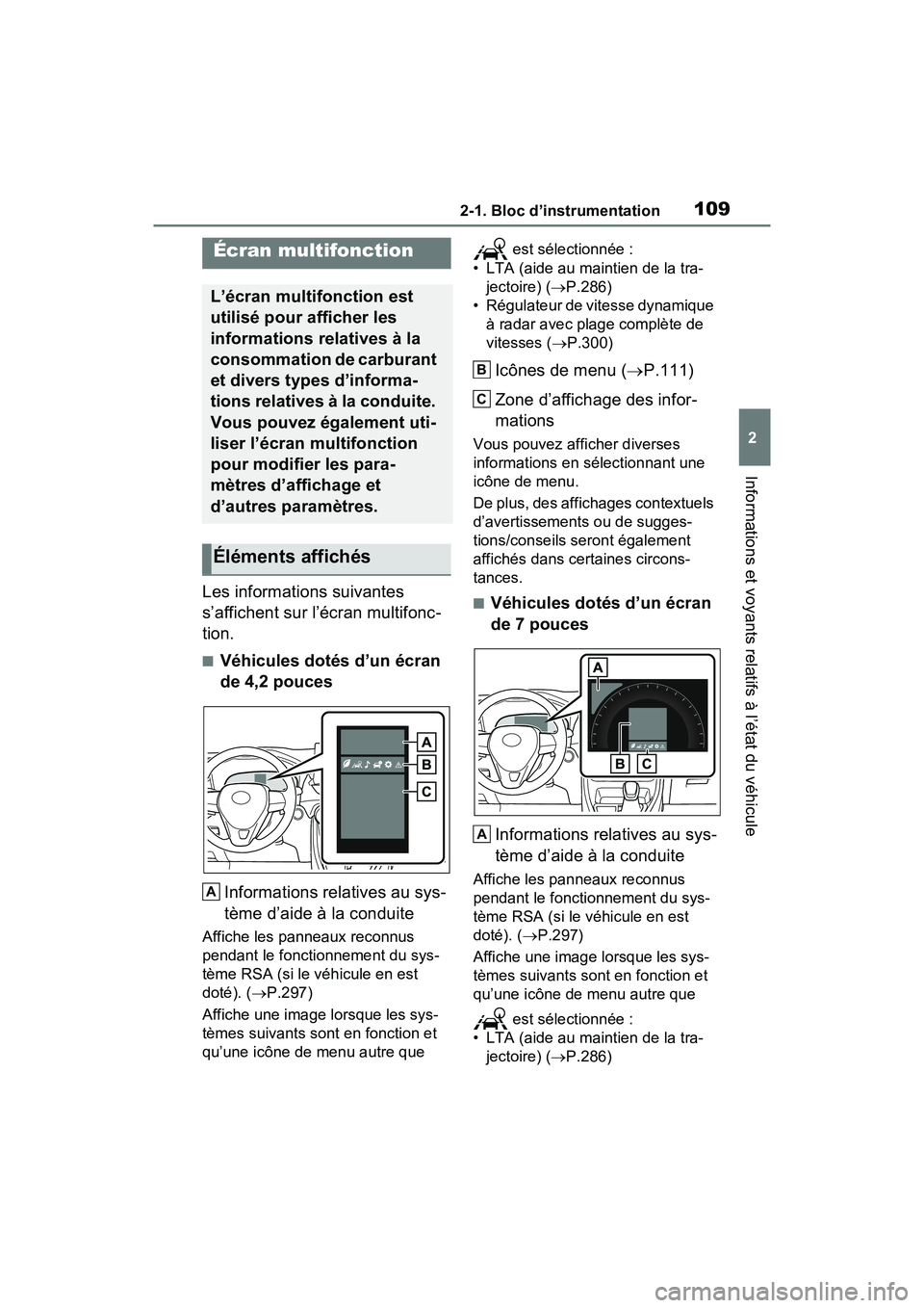 TOYOTA RAV4 HYBRID 2021 Manuel du propriétaire (in French) 1092-1. Bloc d’instrumentation
2
Informations et voyants relatifs à l’état du véhicule
Les informations suivantes
s’affichent sur l’écran multifonc-
tion.
■Véhicules dotés d’un écr TOYOTA RAV4 HYBRID 2021 Manuel du propriétaire (in French) 1092-1. Bloc d’instrumentation
2
Informations et voyants relatifs à l’état du véhicule
Les informations suivantes
s’affichent sur l’écran multifonc-
tion.
■Véhicules dotés d’un écr