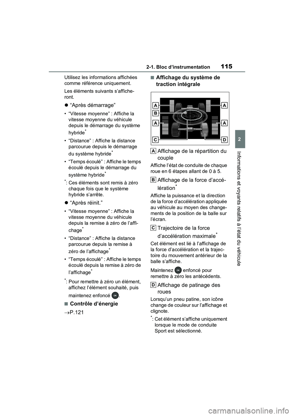 TOYOTA RAV4 HYBRID 2021 Manuel du propriétaire (in French) 1152-1. Bloc d’instrumentation
2
Informations et voyants relatifs à l’état du véhicule
Utilisez les informations affichées
comme référence uniquement.
Les éléments suivants s’affiche-
r TOYOTA RAV4 HYBRID 2021 Manuel du propriétaire (in French) 1152-1. Bloc d’instrumentation
2
Informations et voyants relatifs à l’état du véhicule
Utilisez les informations affichées
comme référence uniquement.
Les éléments suivants s’affiche-
r