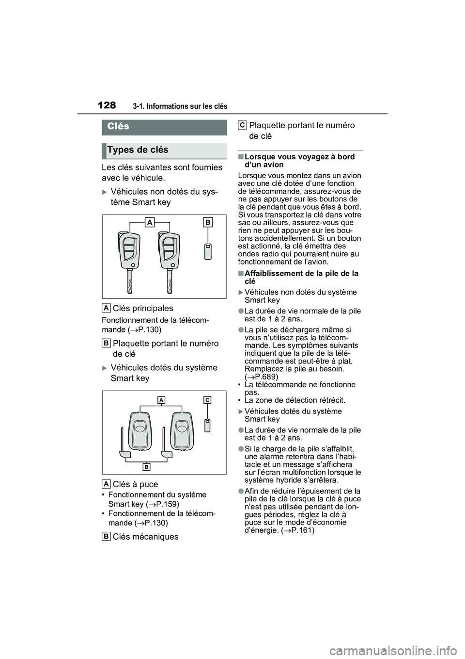 TOYOTA RAV4 HYBRID 2021 Manuel du propriétaire (in French) 1283-1. Informations sur les clés
3-1 .Informations sur les clés
Les clés suivantes sont fournies
avec le véhicule.
Véhicules non dotés du sys-
tème Smart keyClés principales
Fonctionnem TOYOTA RAV4 HYBRID 2021 Manuel du propriétaire (in French) 1283-1. Informations sur les clés
3-1 .Informations sur les clés
Les clés suivantes sont fournies
avec le véhicule.
Véhicules non dotés du sys-
tème Smart keyClés principales
Fonctionnem