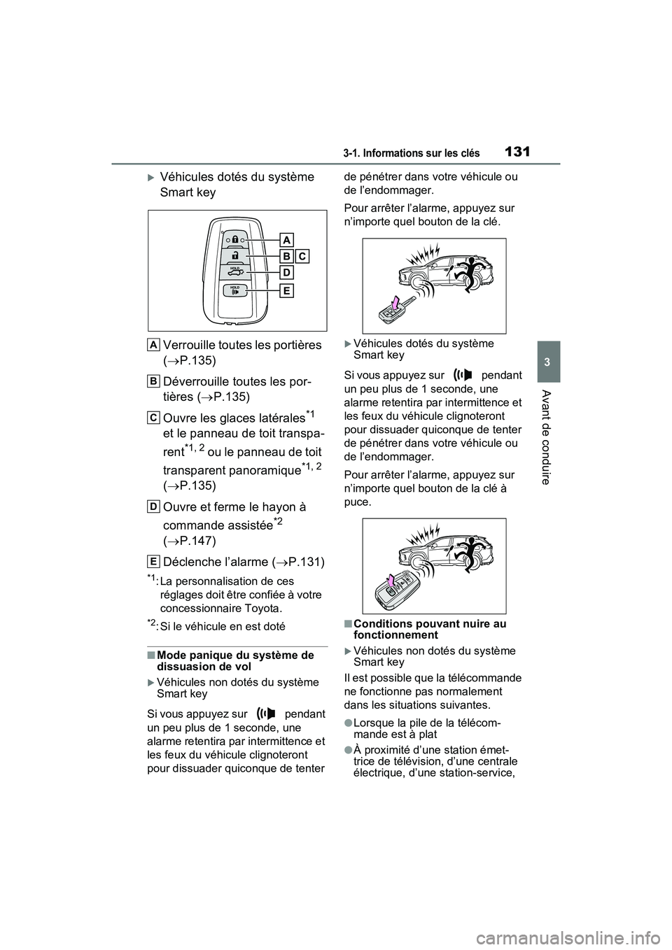 TOYOTA RAV4 HYBRID 2021 Manuel du propriétaire (in French) 1313-1. Informations sur les clés
3
Avant de conduire
Véhicules dotés du système
Smart keyVerrouille toutes les portières
( P.135)
Déverrouille toutes les por-
tières ( P.135)
Ouvre TOYOTA RAV4 HYBRID 2021 Manuel du propriétaire (in French) 1313-1. Informations sur les clés
3
Avant de conduire
Véhicules dotés du système
Smart keyVerrouille toutes les portières
( P.135)
Déverrouille toutes les por-
tières ( P.135)
Ouvre