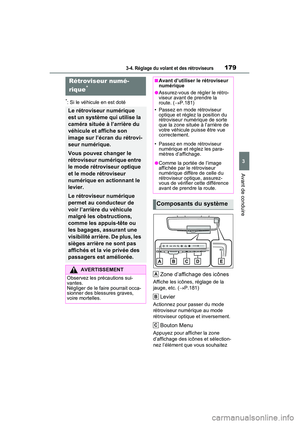 TOYOTA RAV4 HYBRID 2021 Manuel du propriétaire (in French) 1793-4. Réglage du volant et des rétroviseurs
3
Avant de conduire
*: Si le véhicule en est doté
Zone d’affichage des icônes
Affiche les icônes, réglage de la
jauge, etc. (P.181)
Levier
Ac TOYOTA RAV4 HYBRID 2021 Manuel du propriétaire (in French) 1793-4. Réglage du volant et des rétroviseurs
3
Avant de conduire
*: Si le véhicule en est doté
Zone d’affichage des icônes
Affiche les icônes, réglage de la
jauge, etc. (P.181)
Levier
Ac