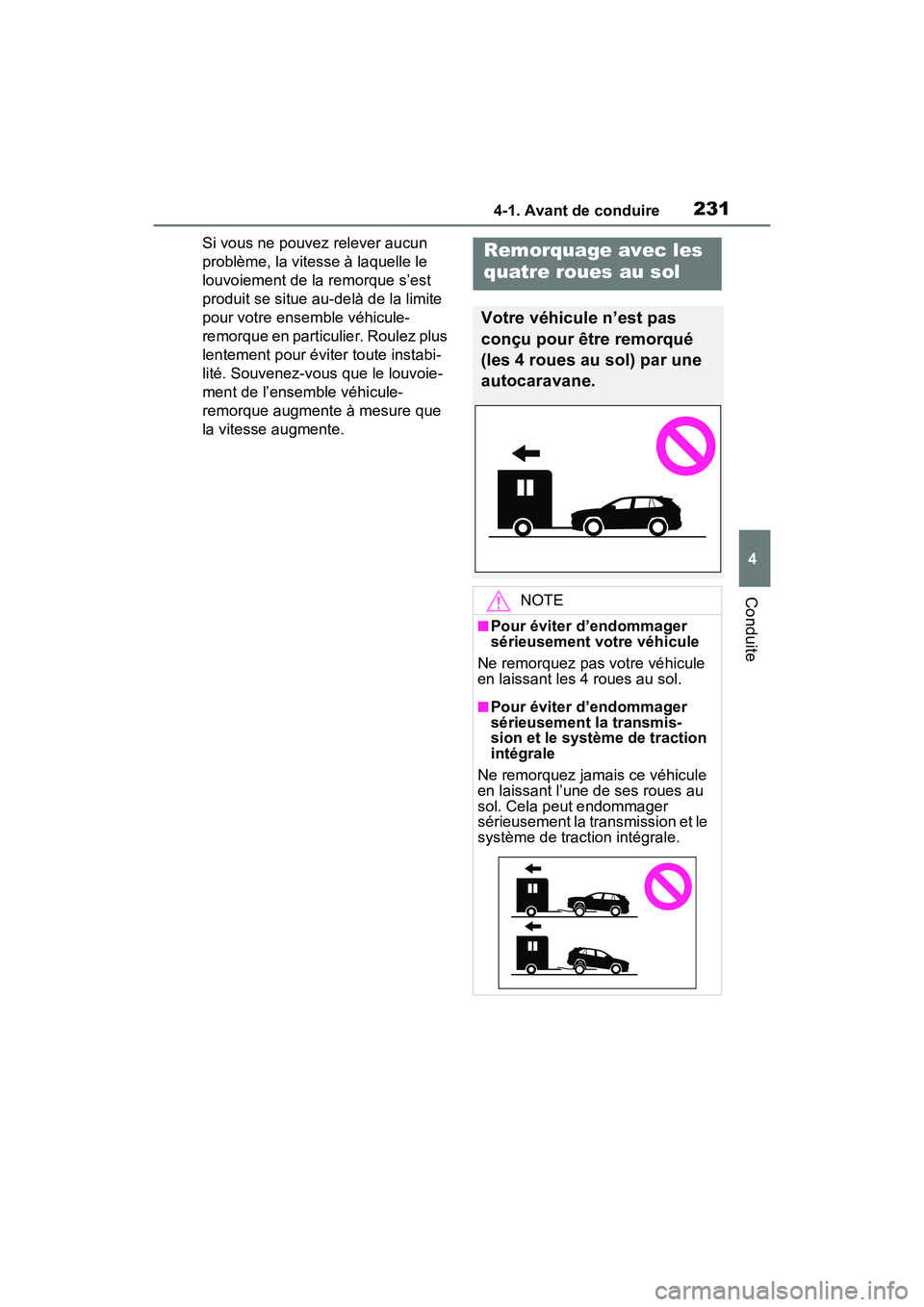 TOYOTA RAV4 HYBRID 2021 Manuel du propriétaire (in French) 2314-1. Avant de conduire
4
Conduite
Si vous ne pouvez relever aucun
problème, la vitesse à laquelle le
louvoiement de la remorque s’est
produit se situe au-delà de la limite
pour votre ensem TOYOTA RAV4 HYBRID 2021 Manuel du propriétaire (in French) 2314-1. Avant de conduire
4
Conduite
Si vous ne pouvez relever aucun
problème, la vitesse à laquelle le
louvoiement de la remorque s’est
produit se situe au-delà de la limite
pour votre ensem
