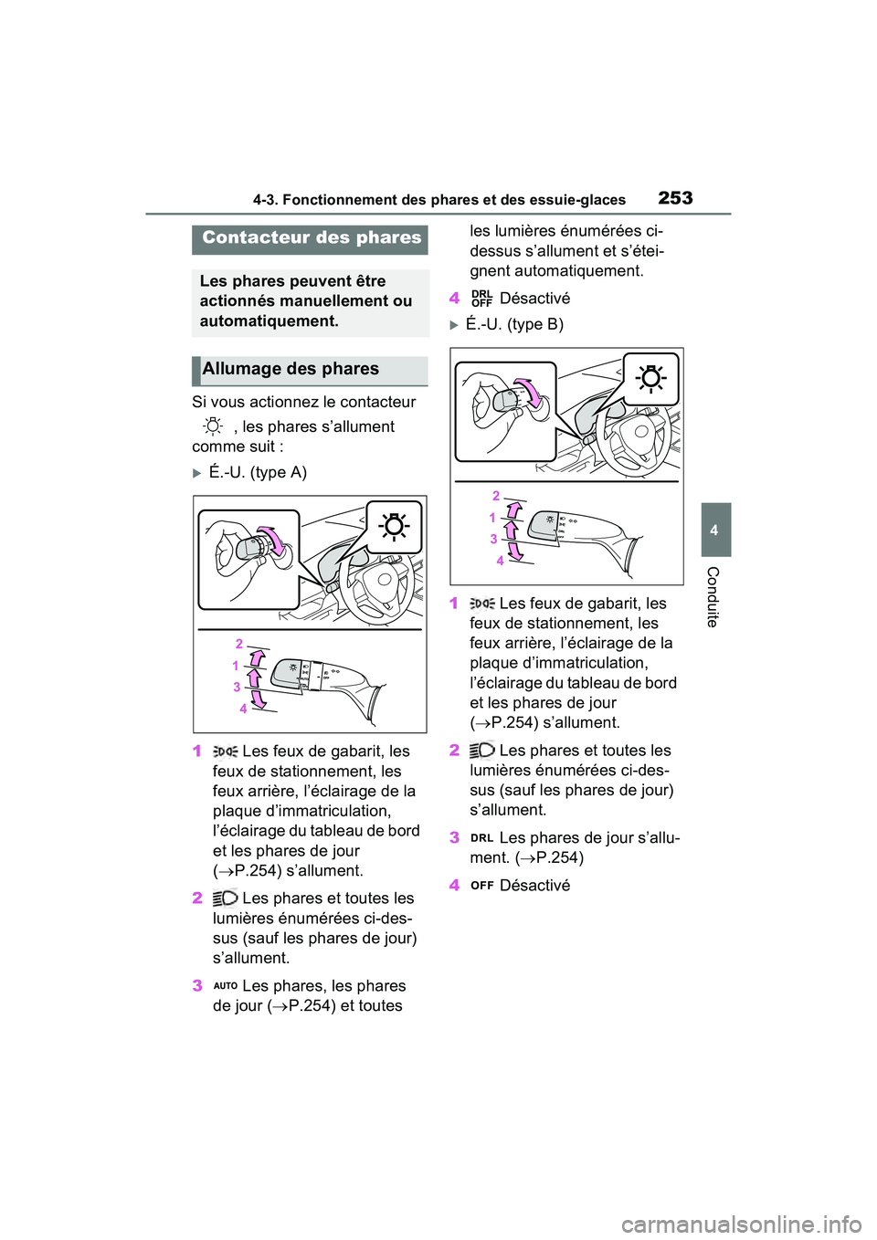 TOYOTA RAV4 HYBRID 2021 Manuel du propriétaire (in French) 2534-3. Fonctionnement des phares et des essuie-glaces
4
Conduite
4-3 .Fo nction nement des phares et des ess uie -glac es
Si vous actionnez le contacteur , les phares s’allument
comme suit :
É TOYOTA RAV4 HYBRID 2021 Manuel du propriétaire (in French) 2534-3. Fonctionnement des phares et des essuie-glaces
4
Conduite
4-3 .Fo nction nement des phares et des ess uie -glac es
Si vous actionnez le contacteur , les phares s’allument
comme suit :
É